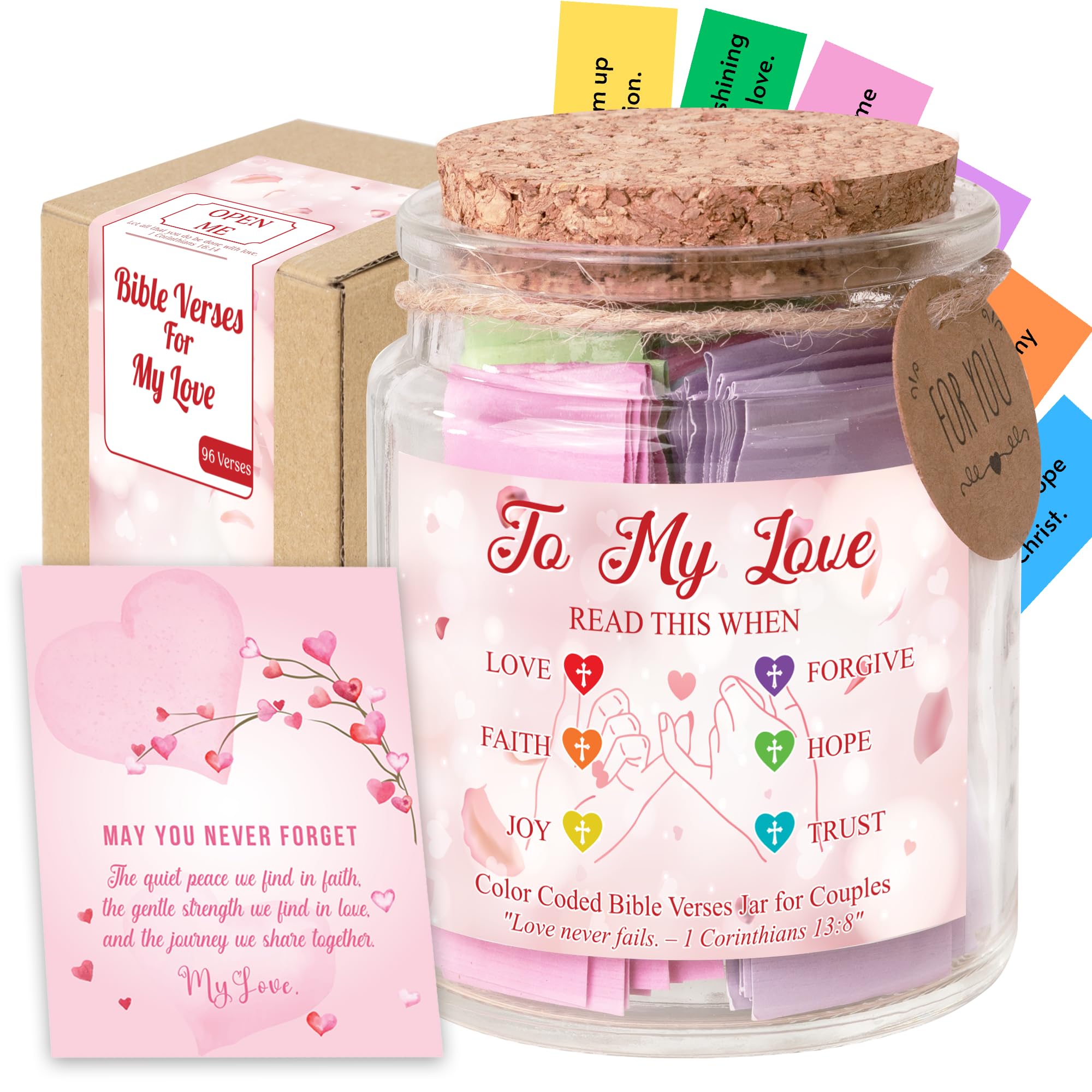 Faith Love Bible Verse Jar - Christian Gifts for Women & Men, Scripture Cards for Bible Study Supplies, Unique Anniversary Valentine Birthday Couples Gifts for Boyfriend Girlfriend Wife Husband