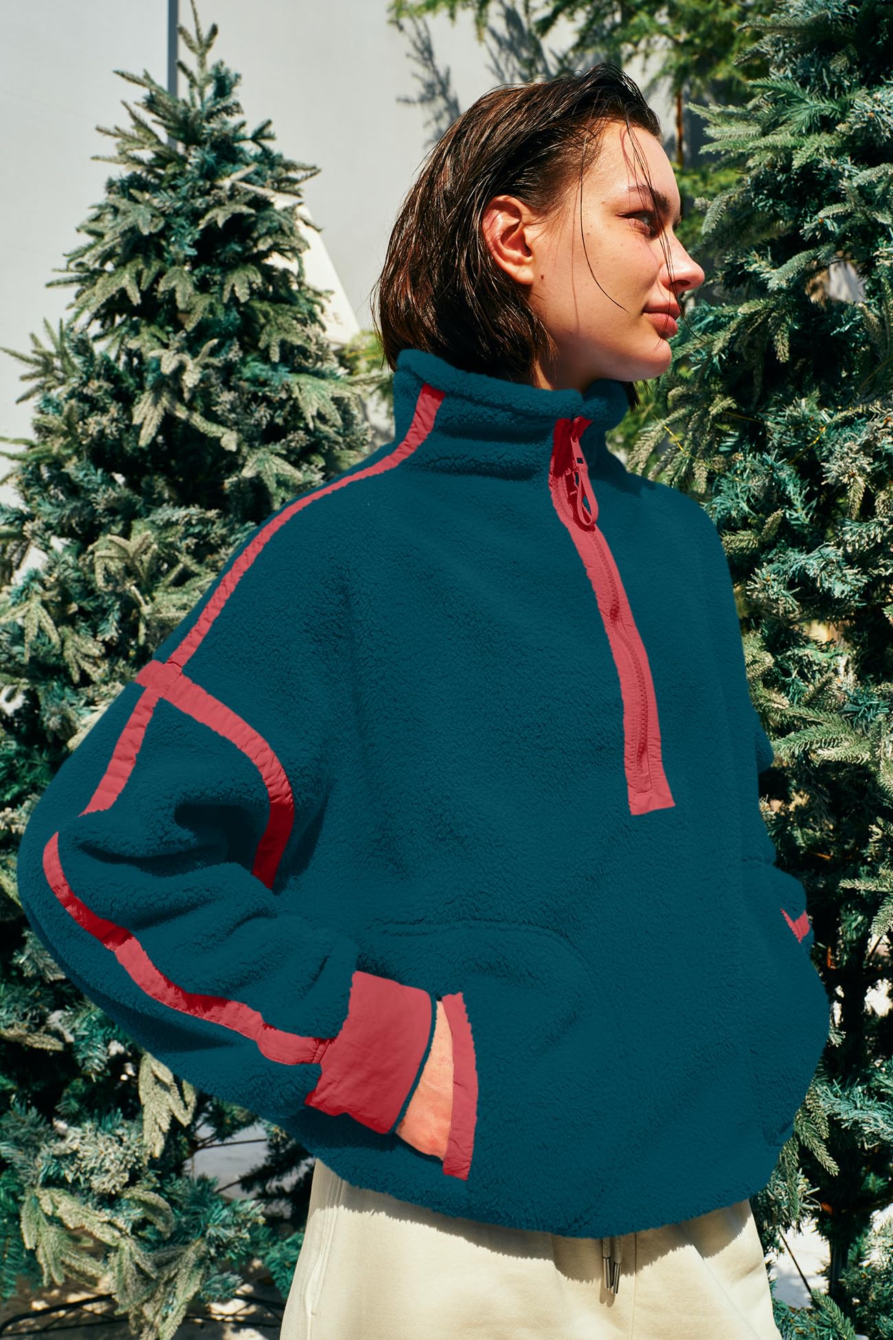 Panadila Damska bluza polarowa sherpa z półzamkiem, miękka, oversize’owa bluza z kieszeniami, ciepły i puszysty sweter