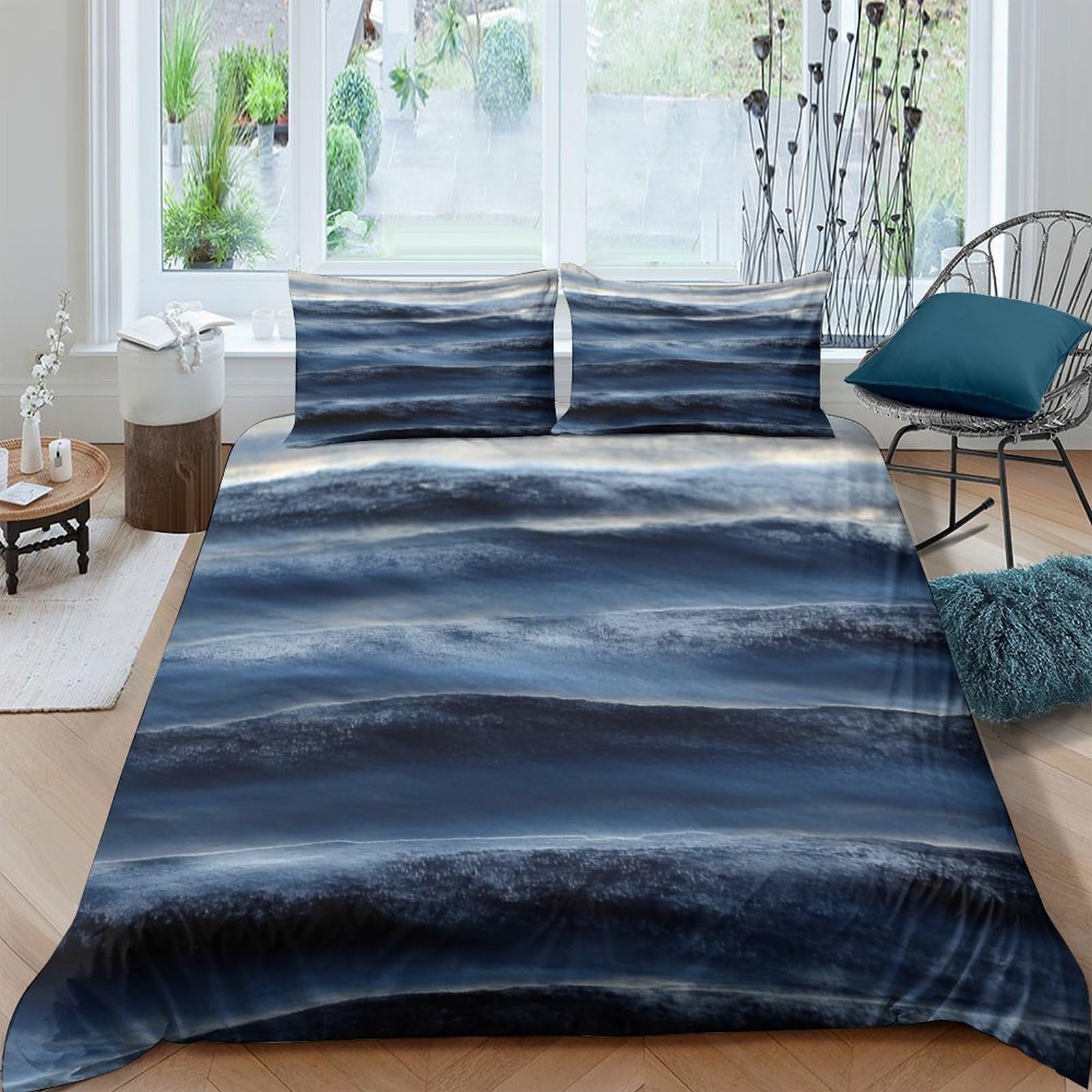 Ctjqhvkz Style-5 3D Printed Ocean Wave Fitted Sheet Microfiber Navy Blue Abstract Horizon Mattress Cover For Bedroom Guestroom Home Decor Single（135X200cm）