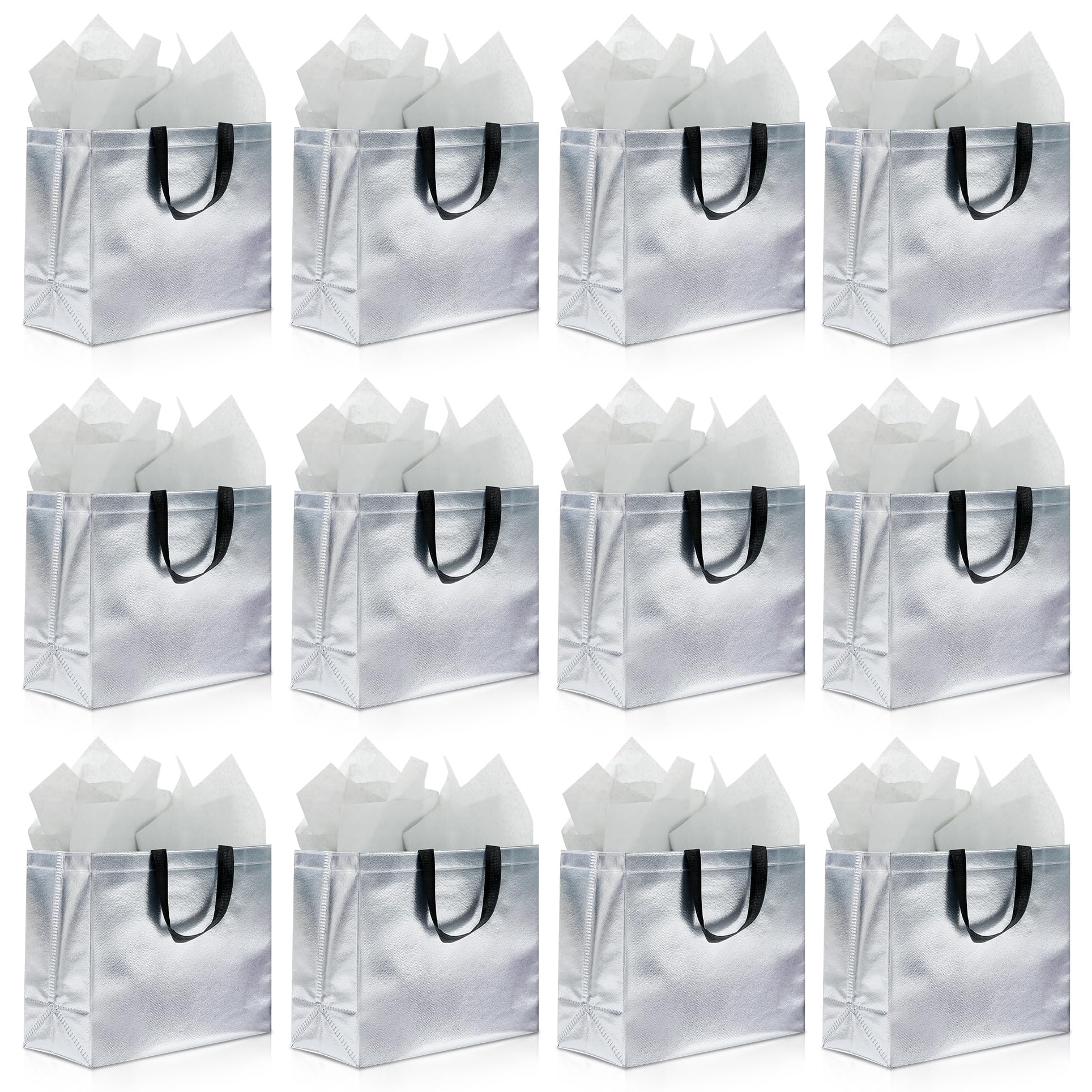 KeerxunBag 12Pcs Reusable Gift Bags（Includes Tissue Paper） Gift bag with handle Birthdays Parties Holidays Weddings Medium 13x5x11in Silver Gift Bags