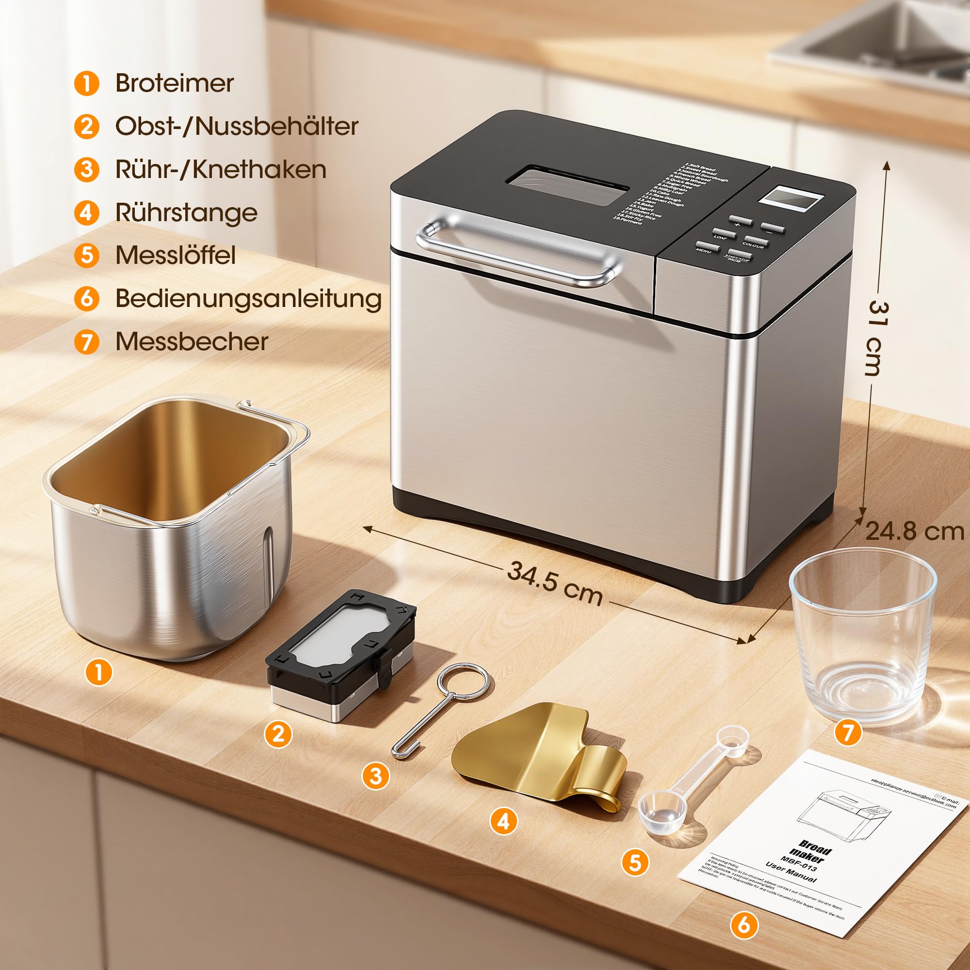 Triumphkey Brotbackautomat mit 19 Programmen & 1000g Fassungsvermögen – Vollautomatische Brotbackmaschine mit 3 Bräunungsstufen, Timer, 710W, Edelstahl-Optik inkl. Sichtfenster & Rezeptbuch