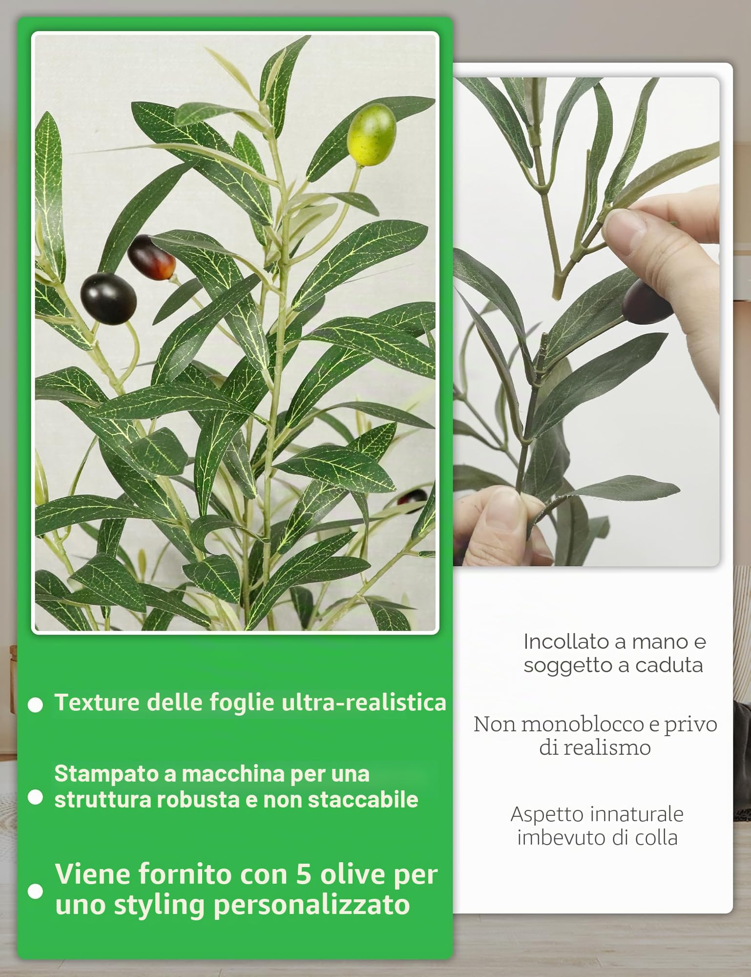 Ulivo artificiale da 1,5 m, ulivo finto con tronco naturale realistico, foglie e frutti realistici, grande ulivo da interno con robusta fioriera nera, ulivo finto per la decorazione della casa e del