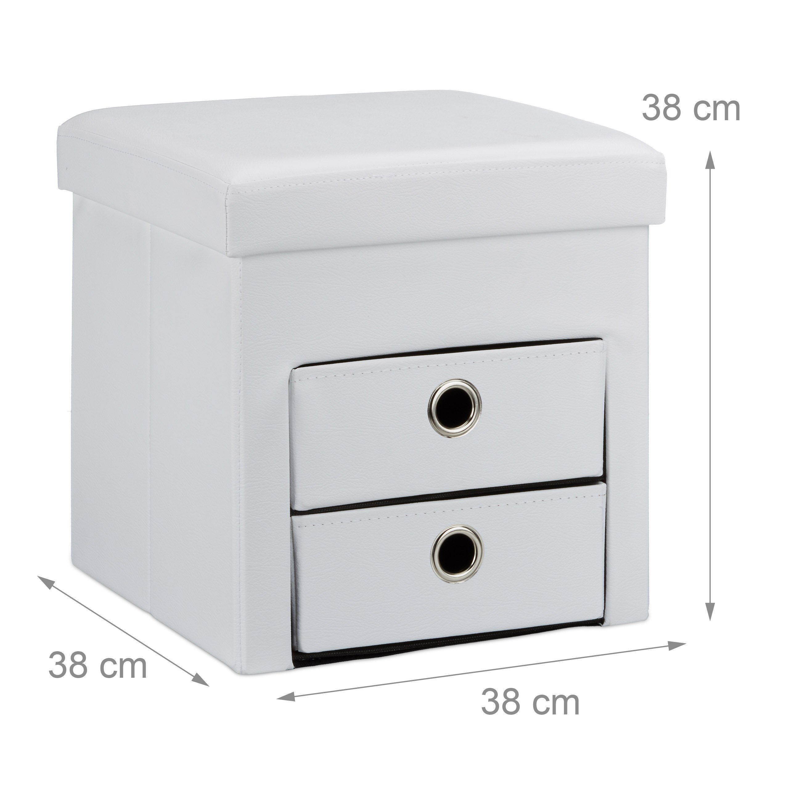 Relaxdays Pouf Contenitore Pieghevole, Scomparto Interno, 2 Cassetti Rimovibili, Cubo, finta pelle, Bianco, H X L X P: 38 x 38 x 38 cm