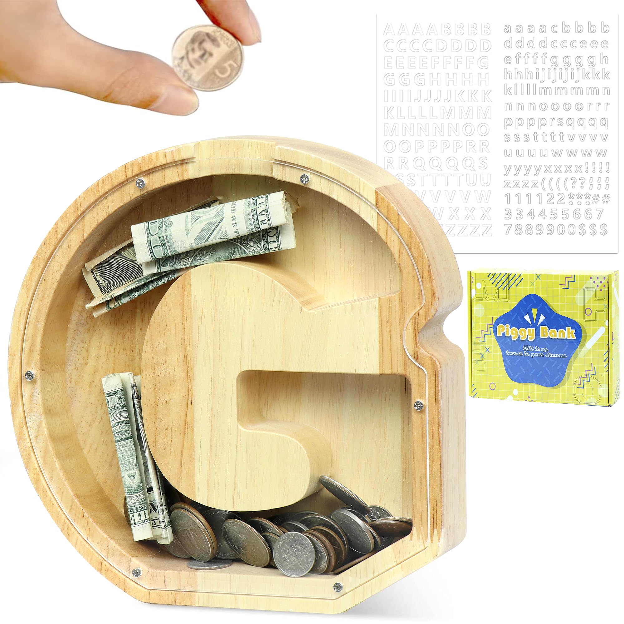 LEcylankEr Spardose Kinder Personalisierte Alphabet Sparbüchse (G) | Holz Spardose Dekoration Kreative Sparschwein als Geschenke für Geburtstag, Weihnachten und Thanksgiving