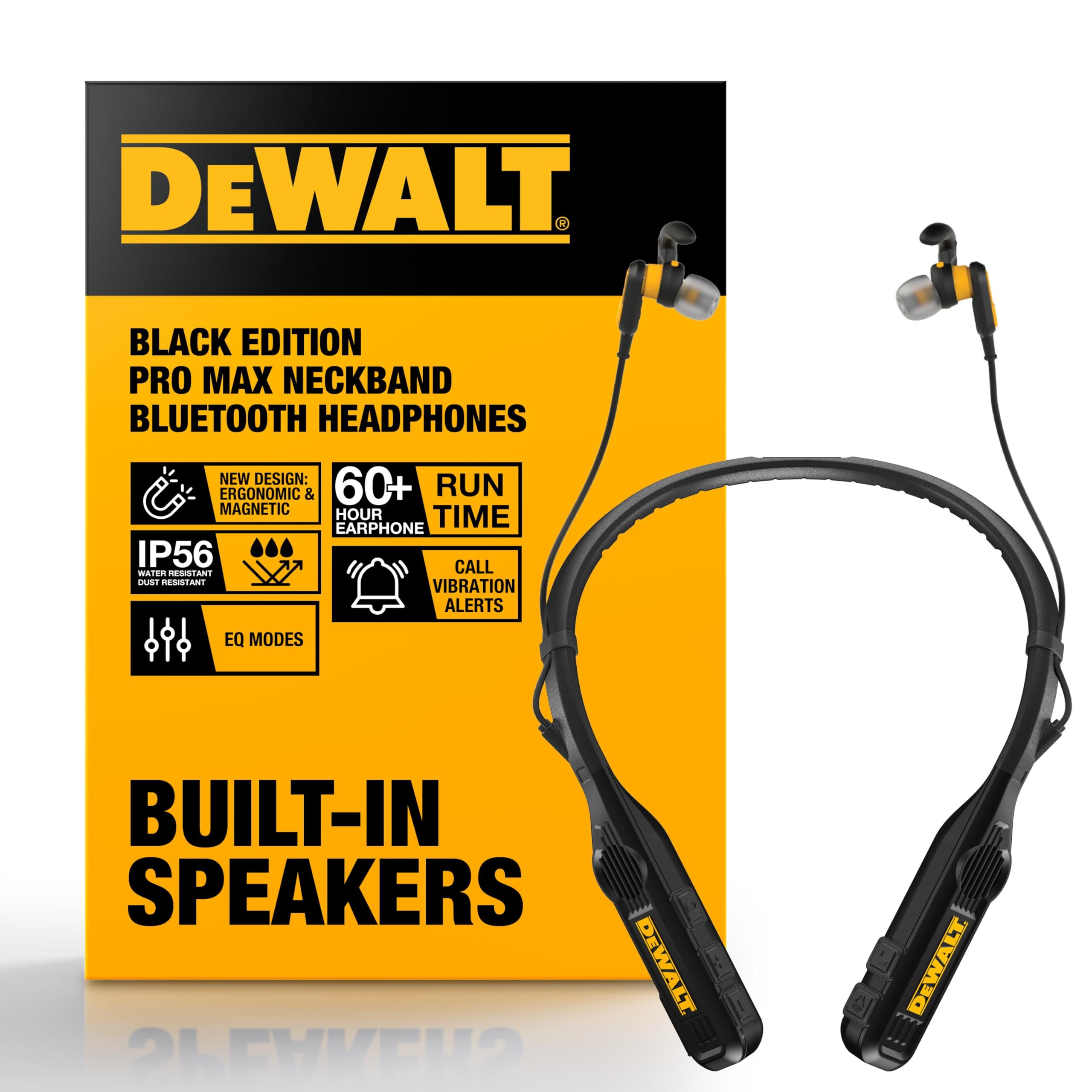 DEWALT Casque Tour de Cou Bluetooth Robuste 2 en 1 avec Haut-parleurs intégrés, Haut-Parleur Portable de Chantier et Casque Tour de Cou, Casque Bluetooth sans Fil, autonomie de Plus de 60 h, Noir