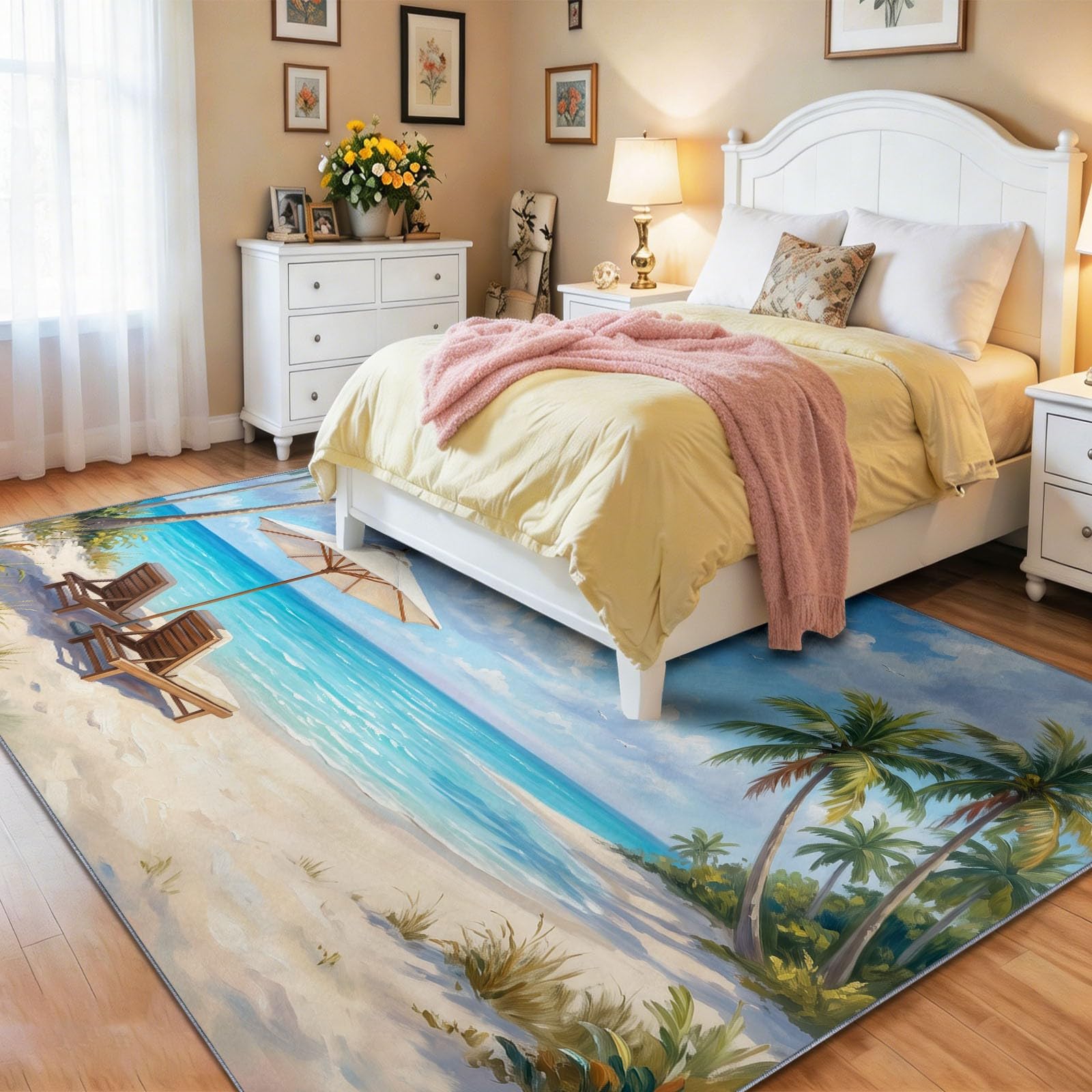 Tropische Landschaft Teppich - Rutschfester Waschbarer Niedriger Flor Teppich für Wohnzimmer, Schlafzimmer, Kinderzimmer, Esszimmer - Liege Sonnenschirm Blauer Meer Strand Kokospalmen, 120 x 170 cm