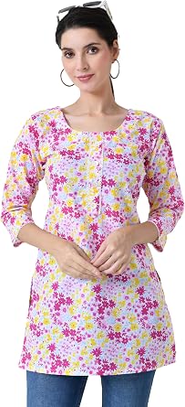 Pure Cotton Floral Print Kurti for Women, Round Neck Tunic Design, Short Kurta for Jeans
