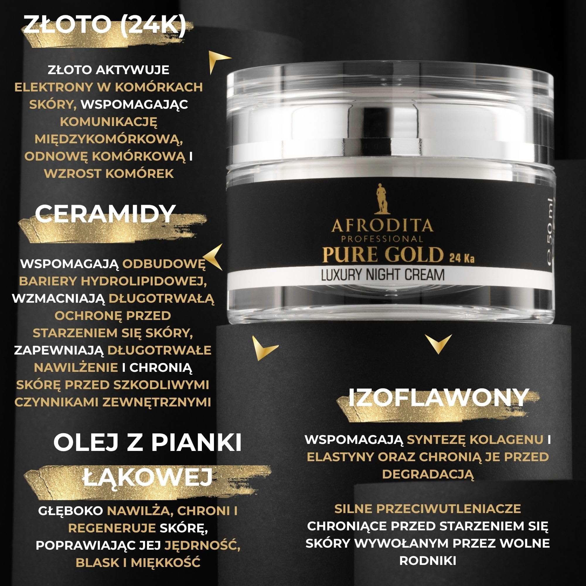 Afrodita Professional Pure Gold 24 Ka luksusowy krem na noc l 50 ml l wydajna formuła przeciwstarzeniowa z cząsteczkami czystego 24-karatowego złota