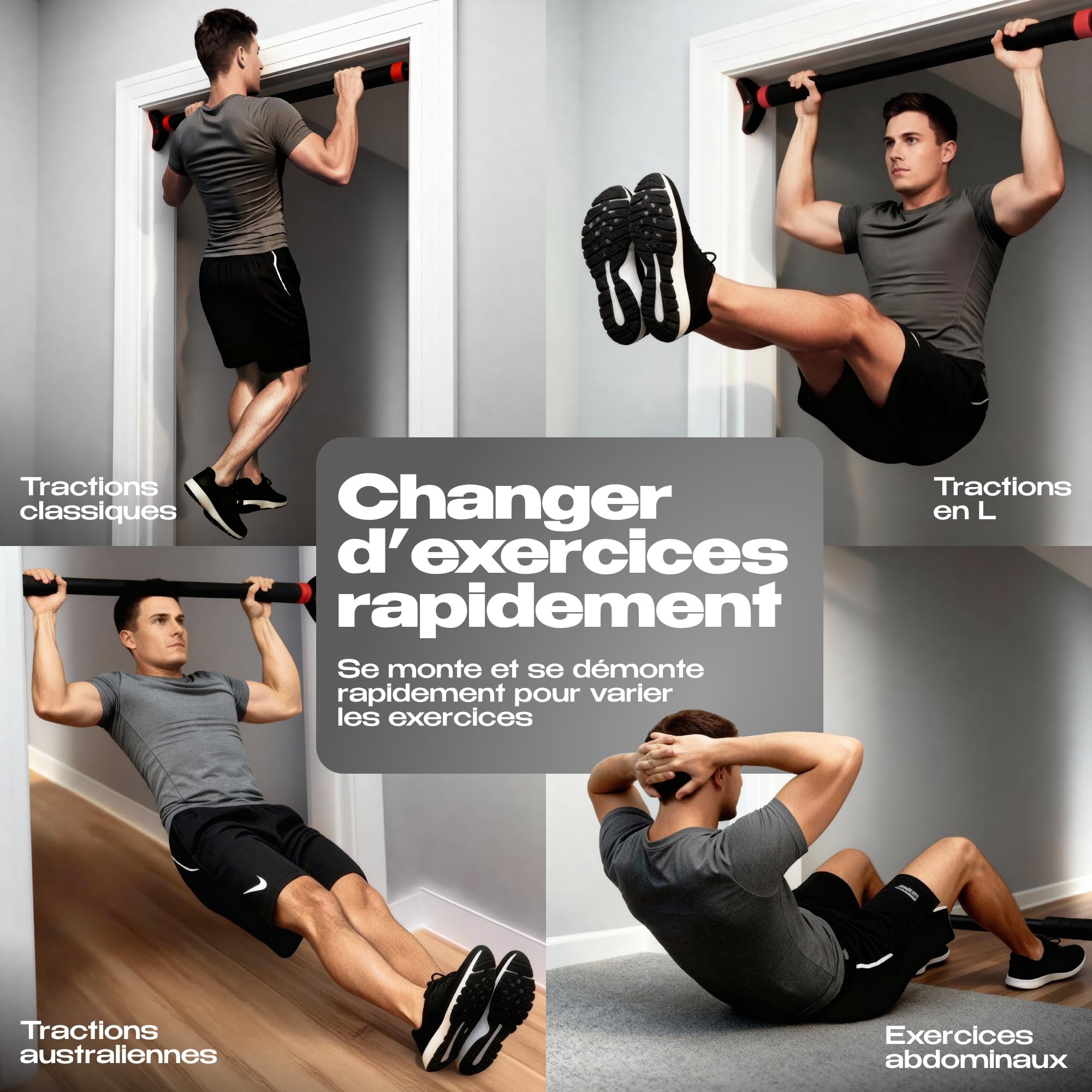 Barre de traction porte ou murale sans perçage 69-107cm et poignées pour pompe et gants, sport maison
