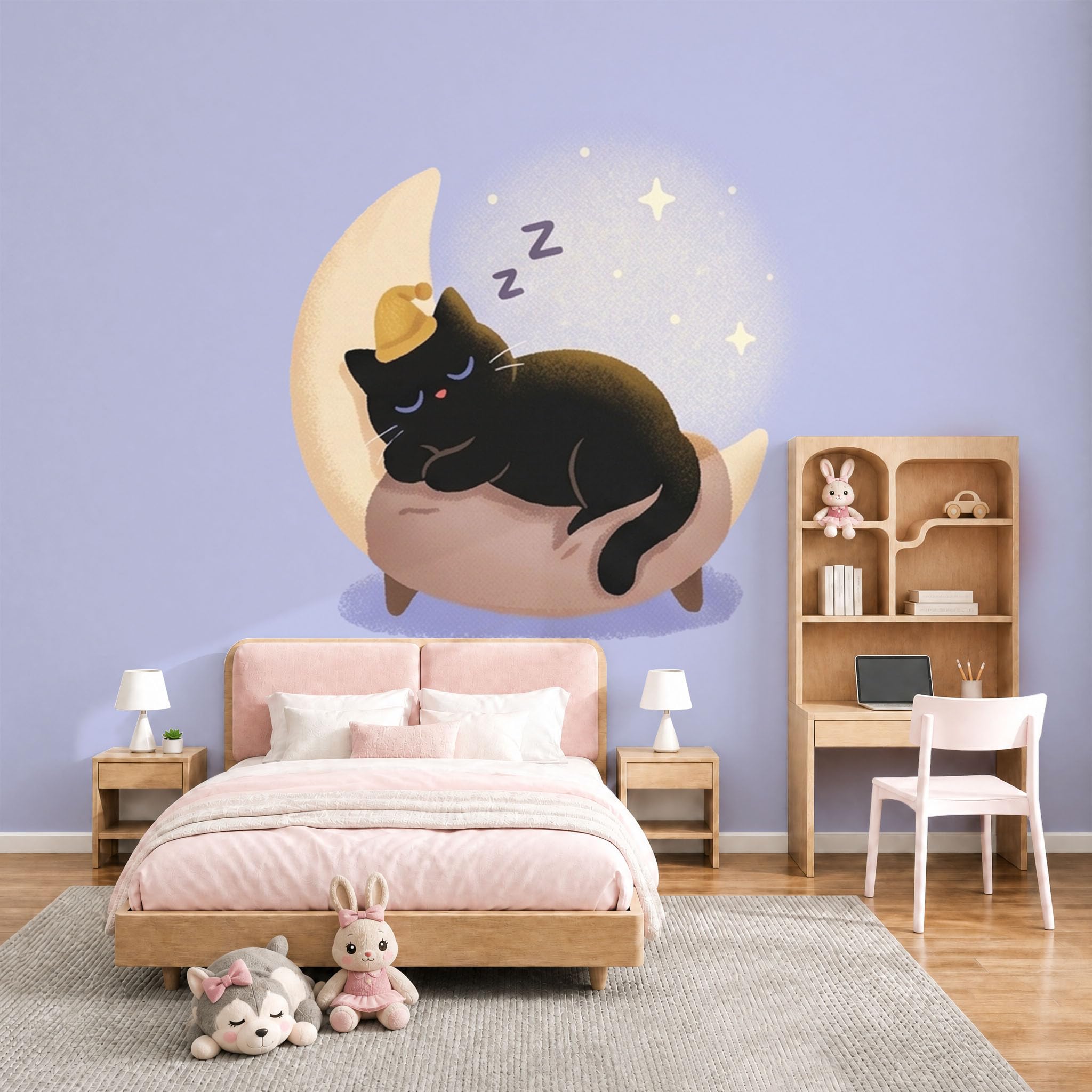Papier Peint Chat Noir de la Lune Moderne Violet Clair Décoration Murale Salon 350x256cm
