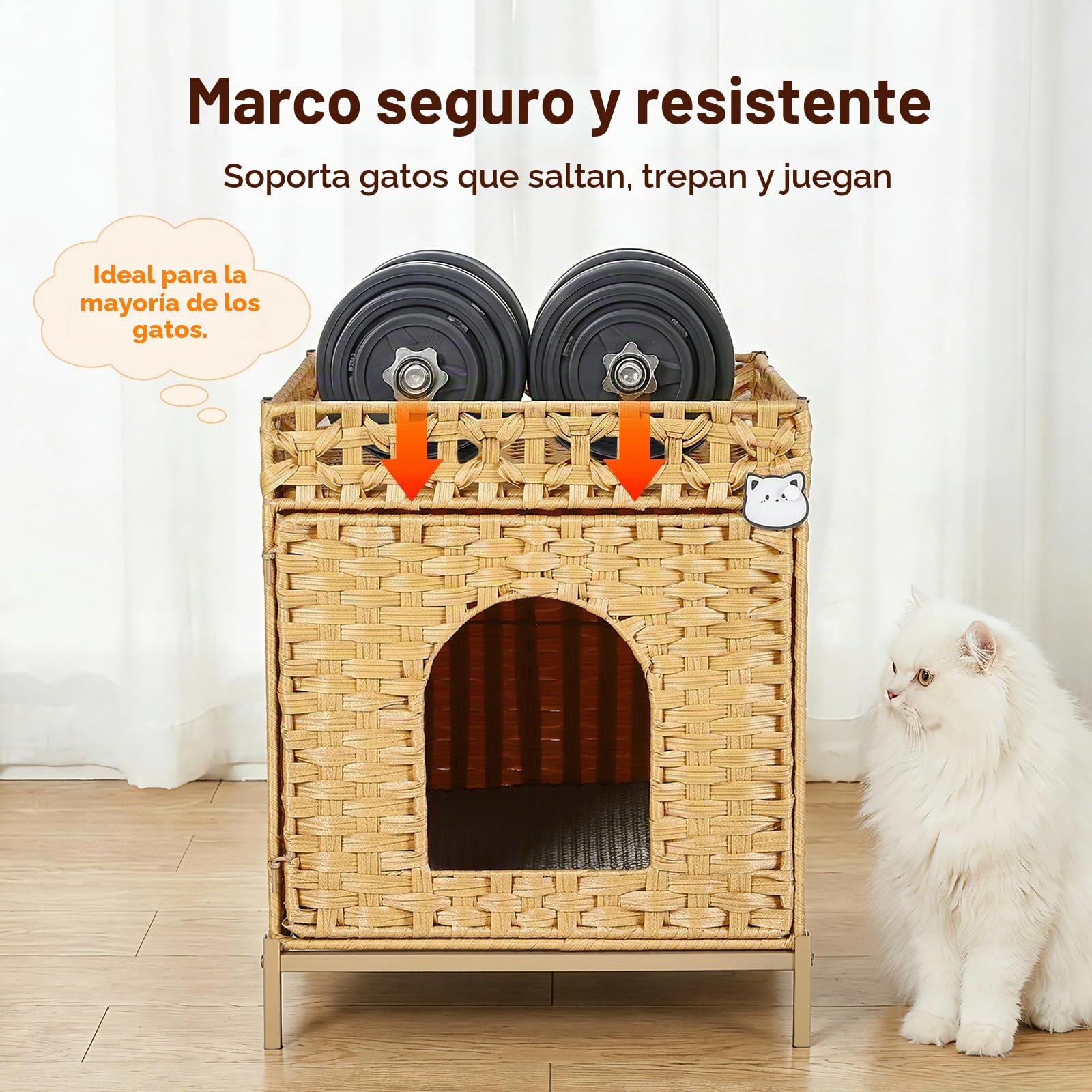 Caja De Arena para Gatos, Casa para Gatos Tejida A Mano En PE RattáN con Alfombra Y Ganchos S, Mueble De Caja De Arena Oculta para Sala, Dormitorio Y BalcóN, 47X52X59 Cm, Natural