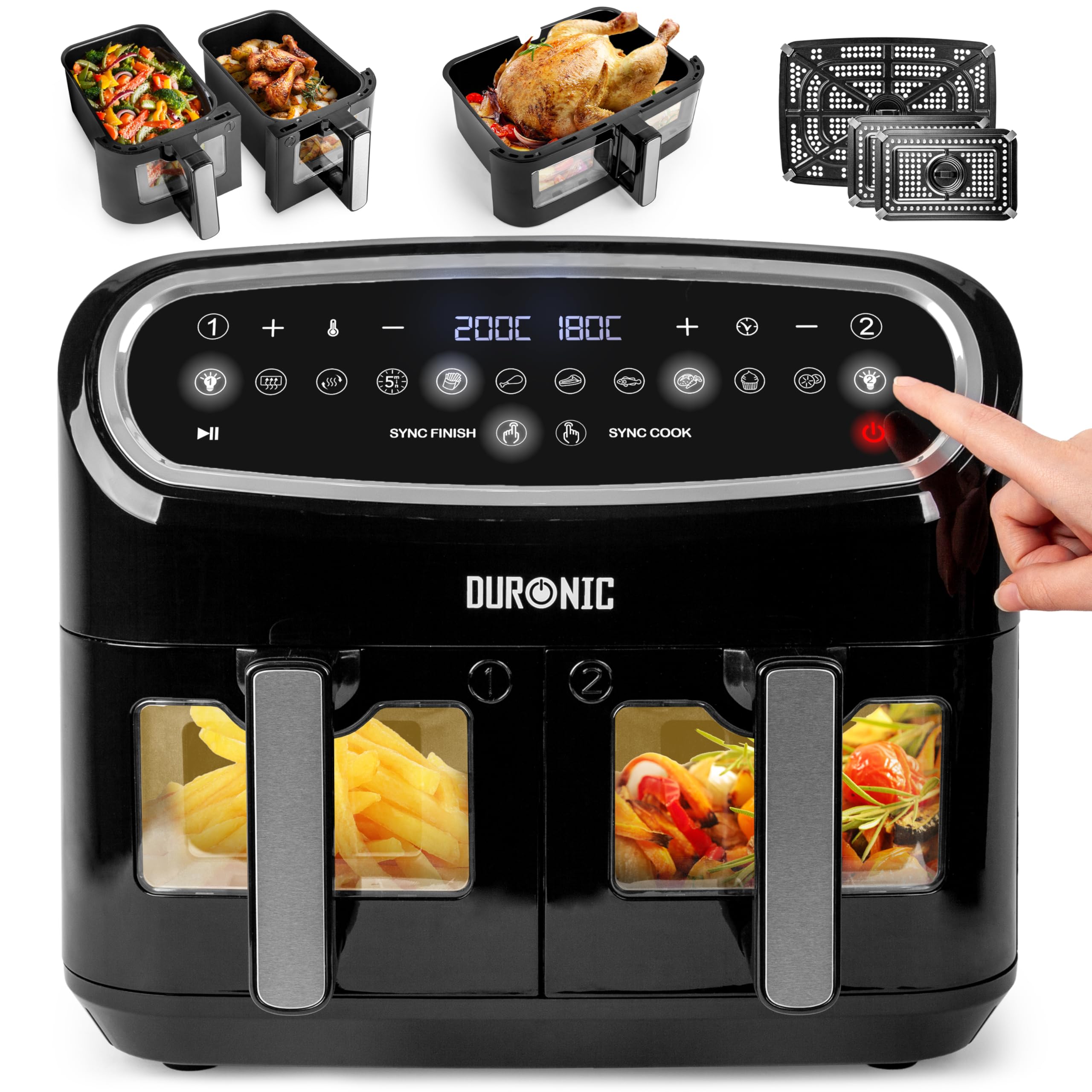 Duronic AF34 BK Freidora de aire sin aceite 2400 W | Air Fryer 2 cestas 5L + 1 cesta 10L con Ventana | Airfryer 10 programas | Pantalla táctil | Cestas antiadherentes | Fácil de limpiar | 50-200º