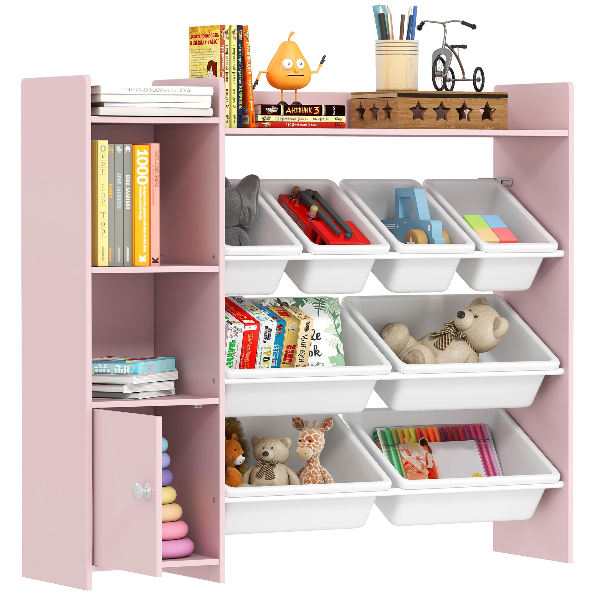 AIYAPLAY Toy Storage Unit with 8 Removable Bins for Playroom Cabinet Pink