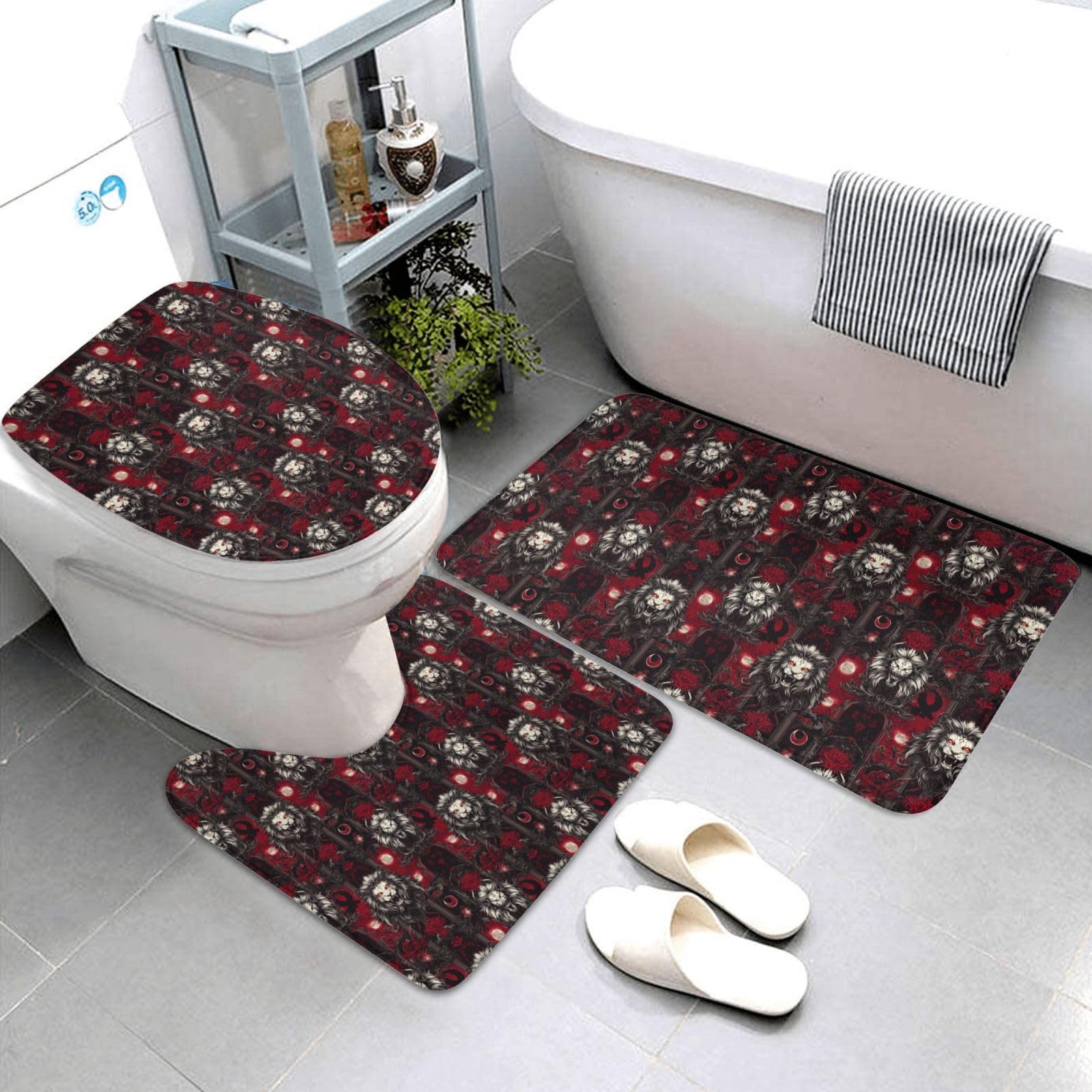 Tapis de salle de bain gothique lion lot de 3 pièces lavable avec contour et abattant