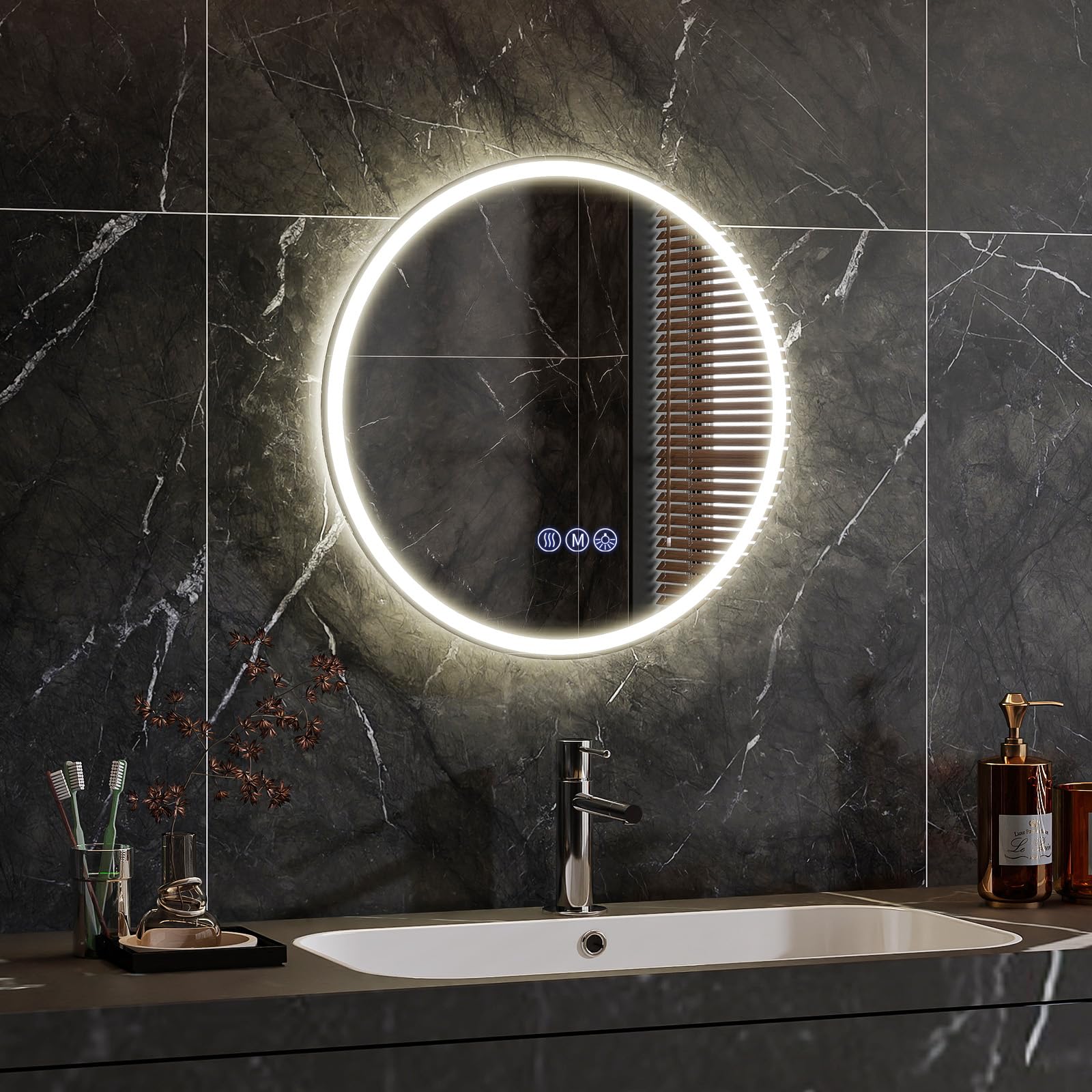 Koonmi Round LED Bathroom Mirror, 50 x 50 cm, Anti-Fog, Dimmable