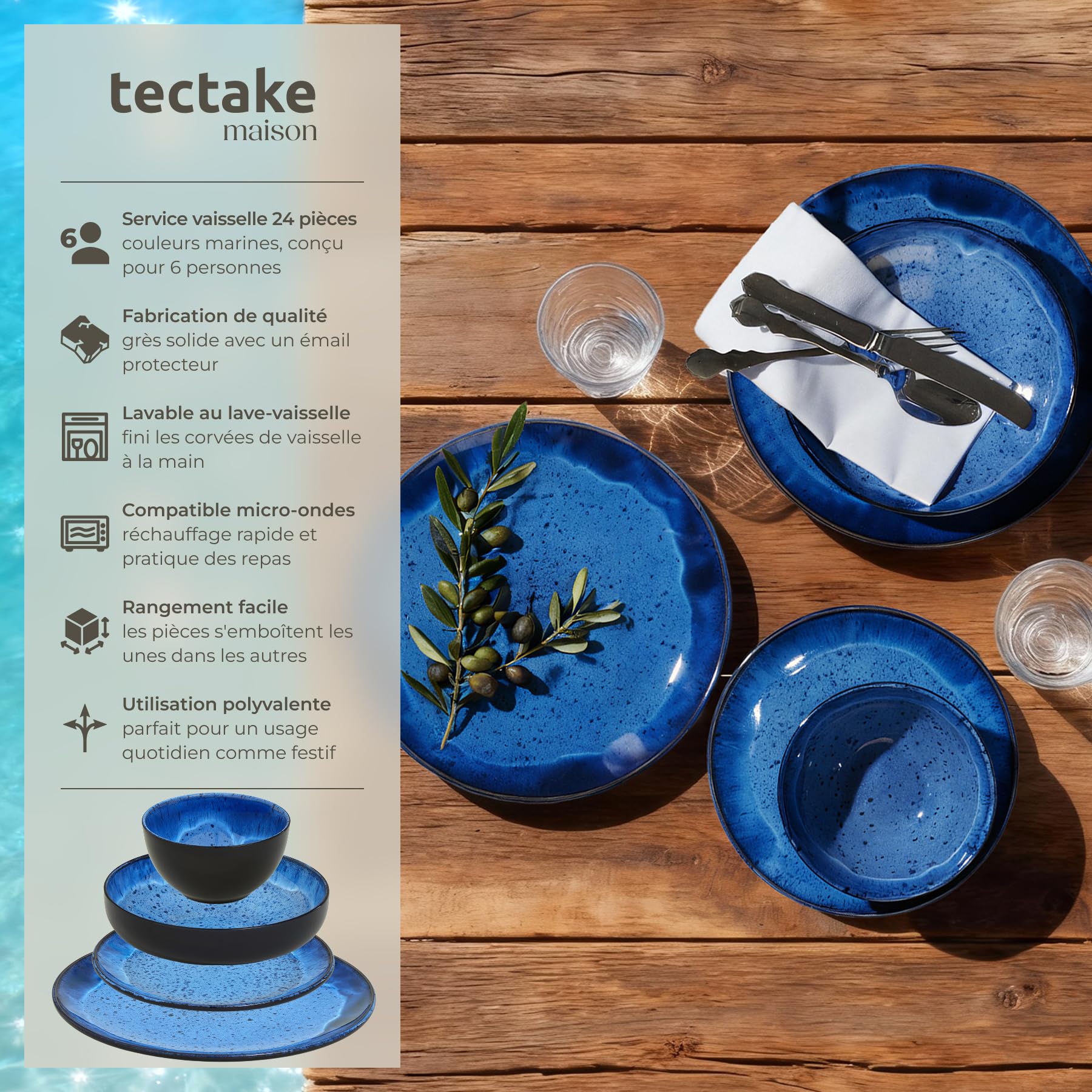 tectake® Service de table 24 pièces pour 6 personnes, Petites et Grandes Assiettes, Assiette creuse, Bols, Service vaisselle en faience, Vaisselle et Arts de la table, Set assiette et Bol, Bleu