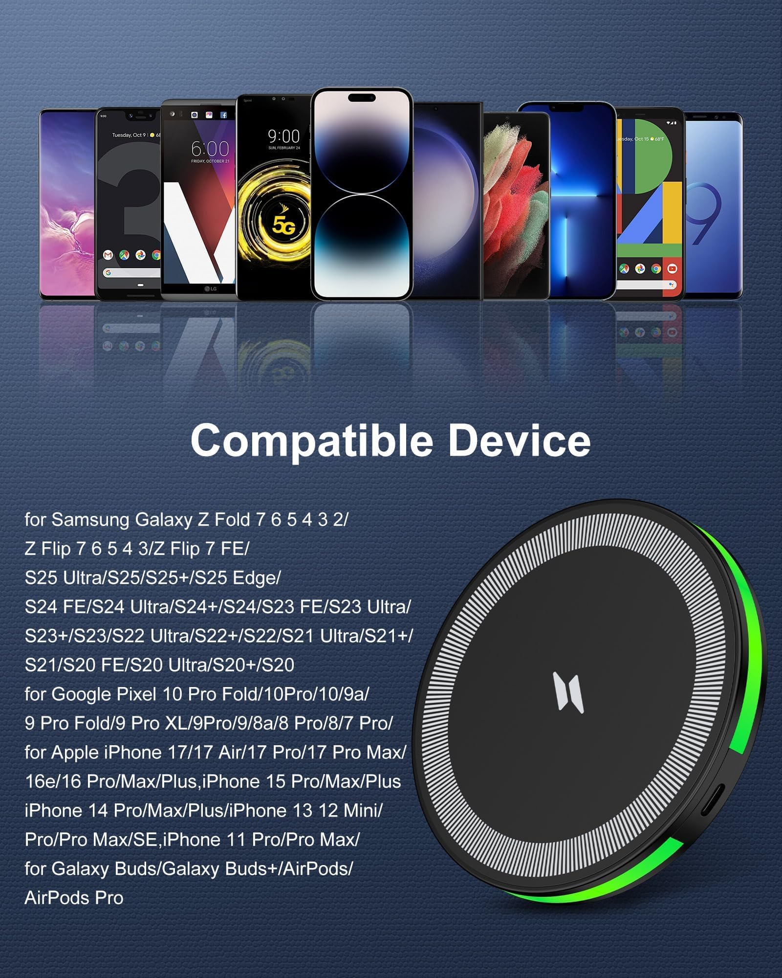 Caricatore wireless per Samsung Galaxy S25 FE/S25 Ultra/S25 Edge/S24 FE/S24 Ultra/Z Fold 7 6/Z Flip 7 6/S23/S22/S21,15W Android Pad di ricarica rapida wireless e adattatore di controllo