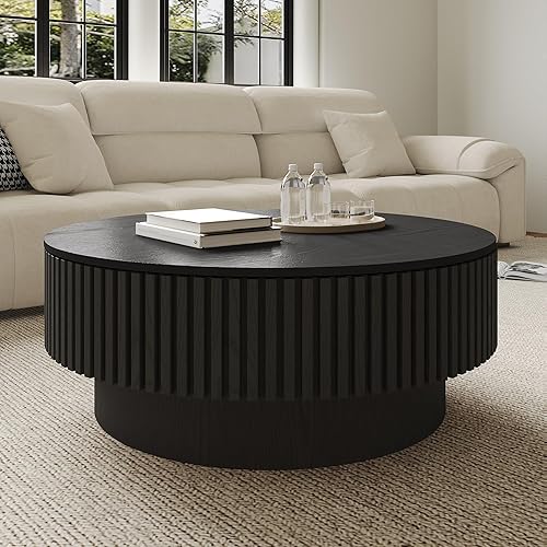 Mesa de centro redonda con almacenamiento, modernas mesas de centro de madera estriada con base resistente, mesa de té central circular de tambor de