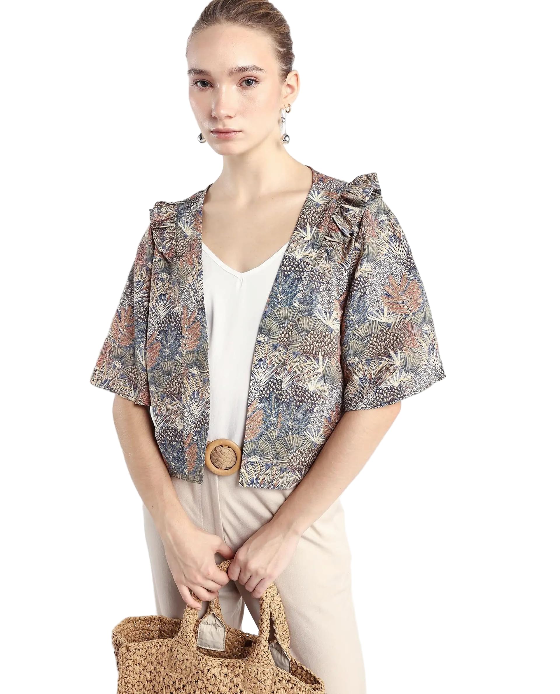 rareism Relaxed Cropped Floral Dark Multi Viscose Blend Shawl Collar Shrug-picture-10