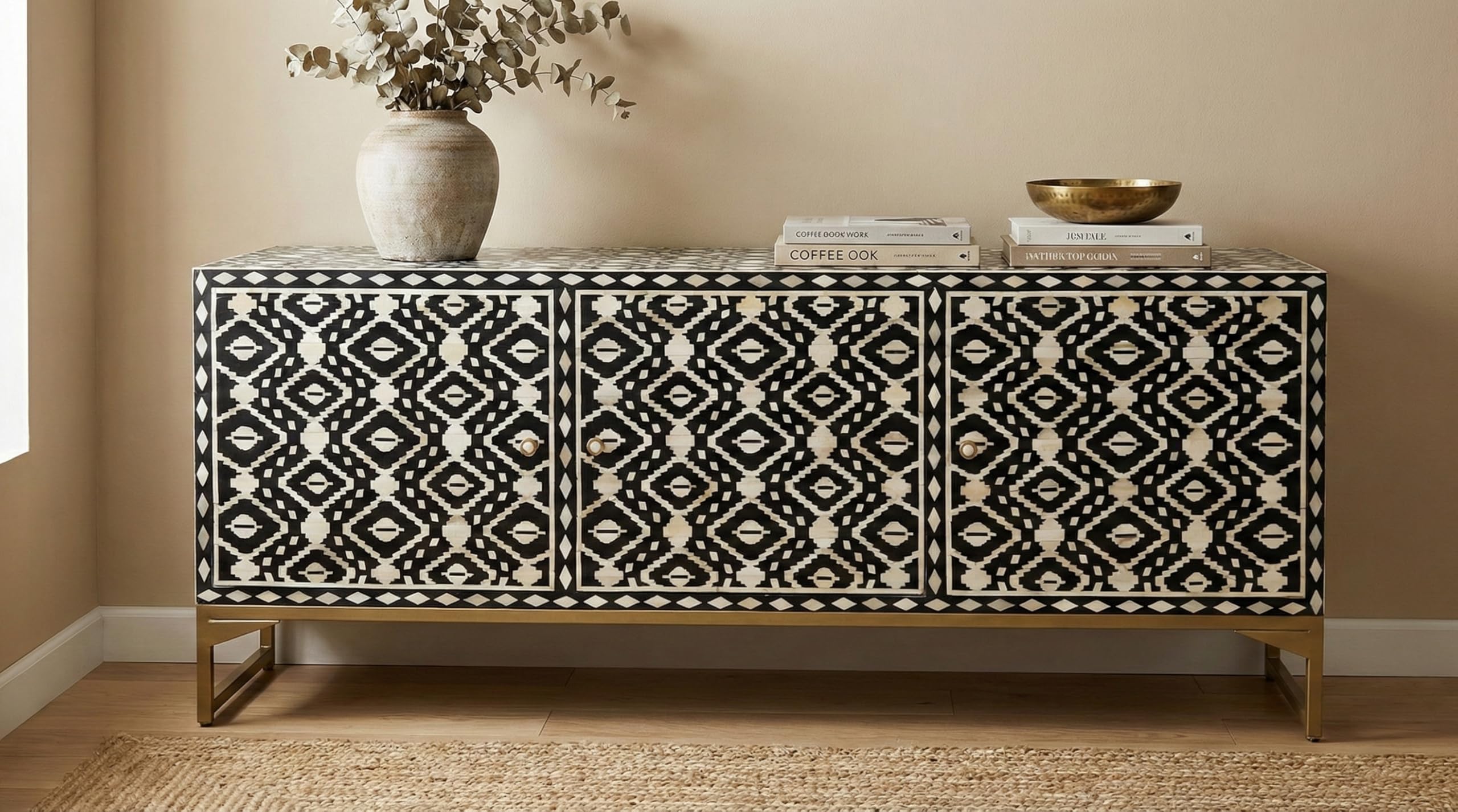 BONE INLAY INDIA Home decore Crafts Bone Inlay 3 Doors Media Console (Blue, L160xW43xH65 cm)-image-7