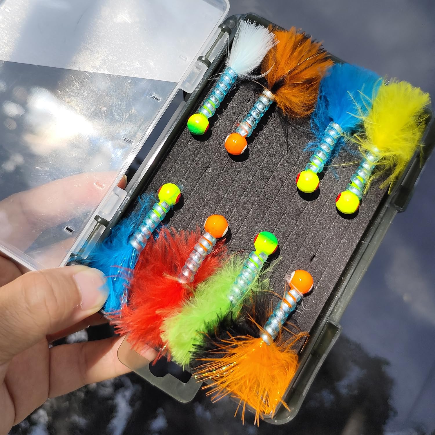 HADORAM Fishing Jigs Hooks Kit Swimbait Heads Crappie jig Hand-Tied Marabou Feather Freshwater and Saltwater with 3D Eye Ball Feather Ice | Fly Lures for Salmon Trout Bass Panfish
