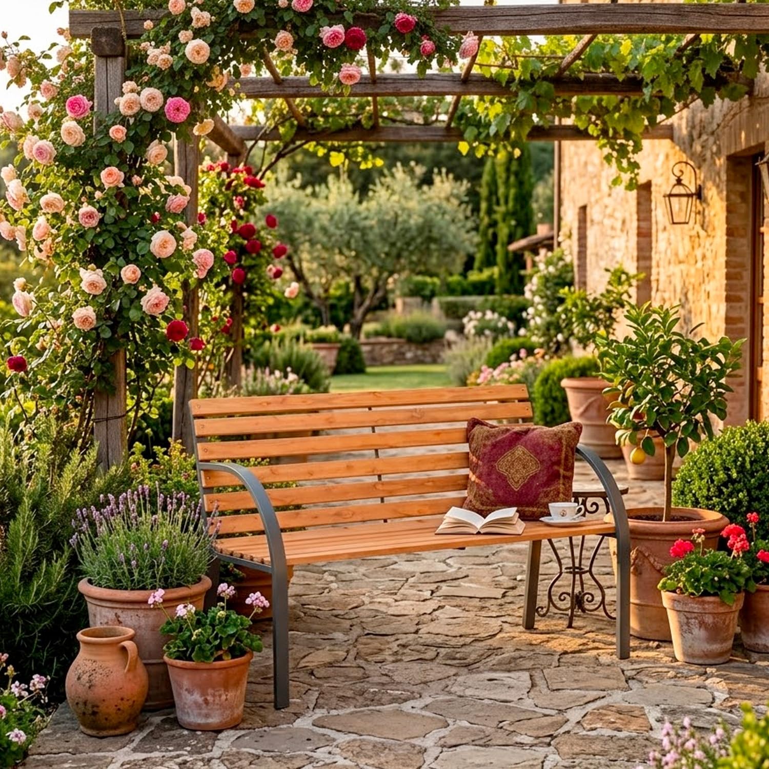 Monrovia Panchina da Giardino 2 Posti in Legno di Abete e Acciaio Verniciato Panca da Esterno Design Moderno Resistente con Braccioli Comoda per Terrazzo Balcone e Giardino 119.5 x 62 x 83 cm