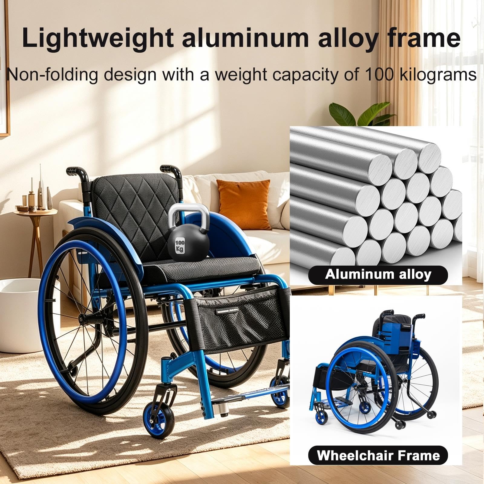 Wózek inwalidzki dla dorosłych, przenośna rama ze stopu aluminium, stabilna konstrukcja bez składania (szerokość siedziska: 40 cm)