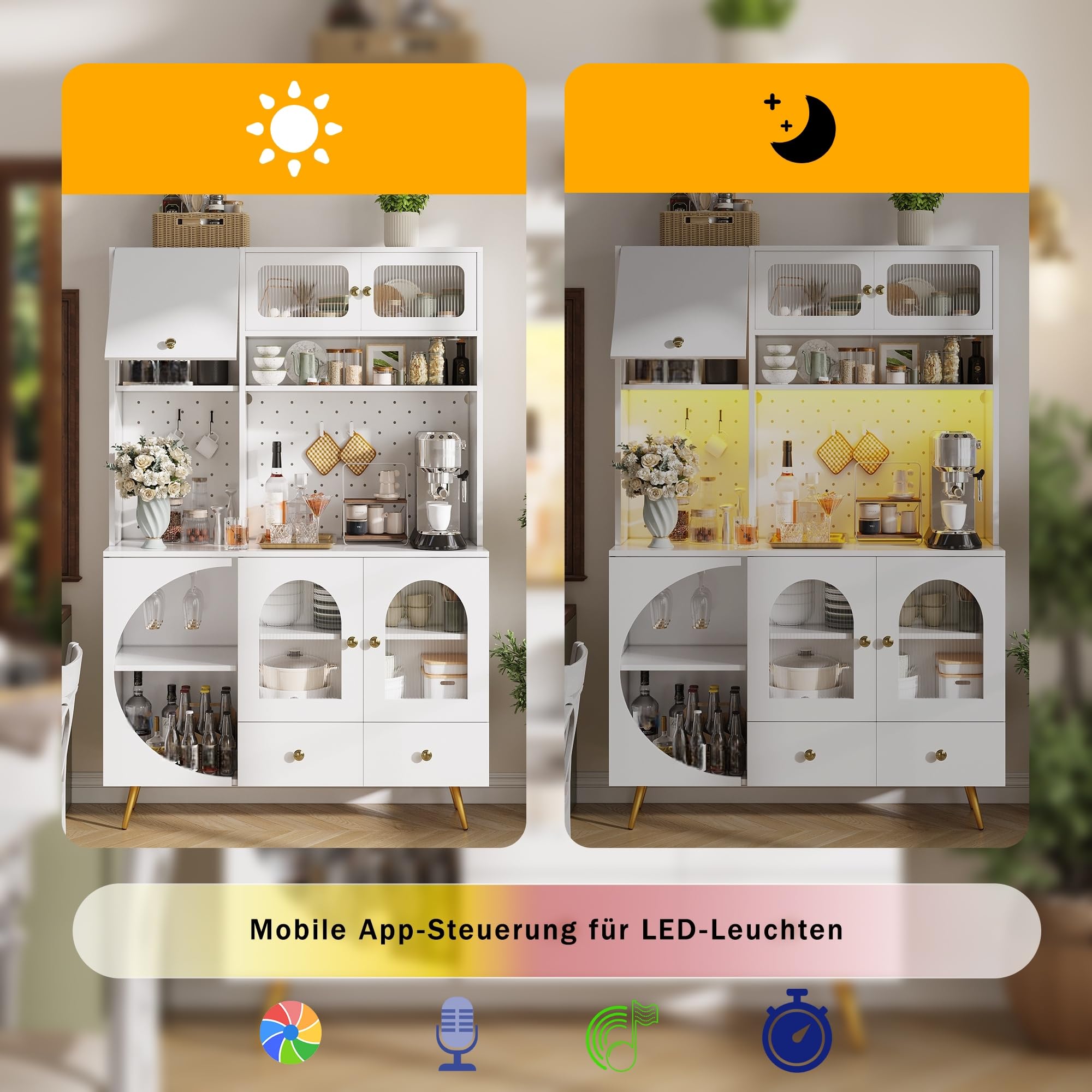 Aparador Cocina Alto Armario Cocina con Enchufe y LED, Alacena de Cocina con Puerta Vidrio y Placa Orificio, Mueble Aparador con Portavaso y Cajón, Dispositivo Antivuelco, 120x40x176 cm, Blanco