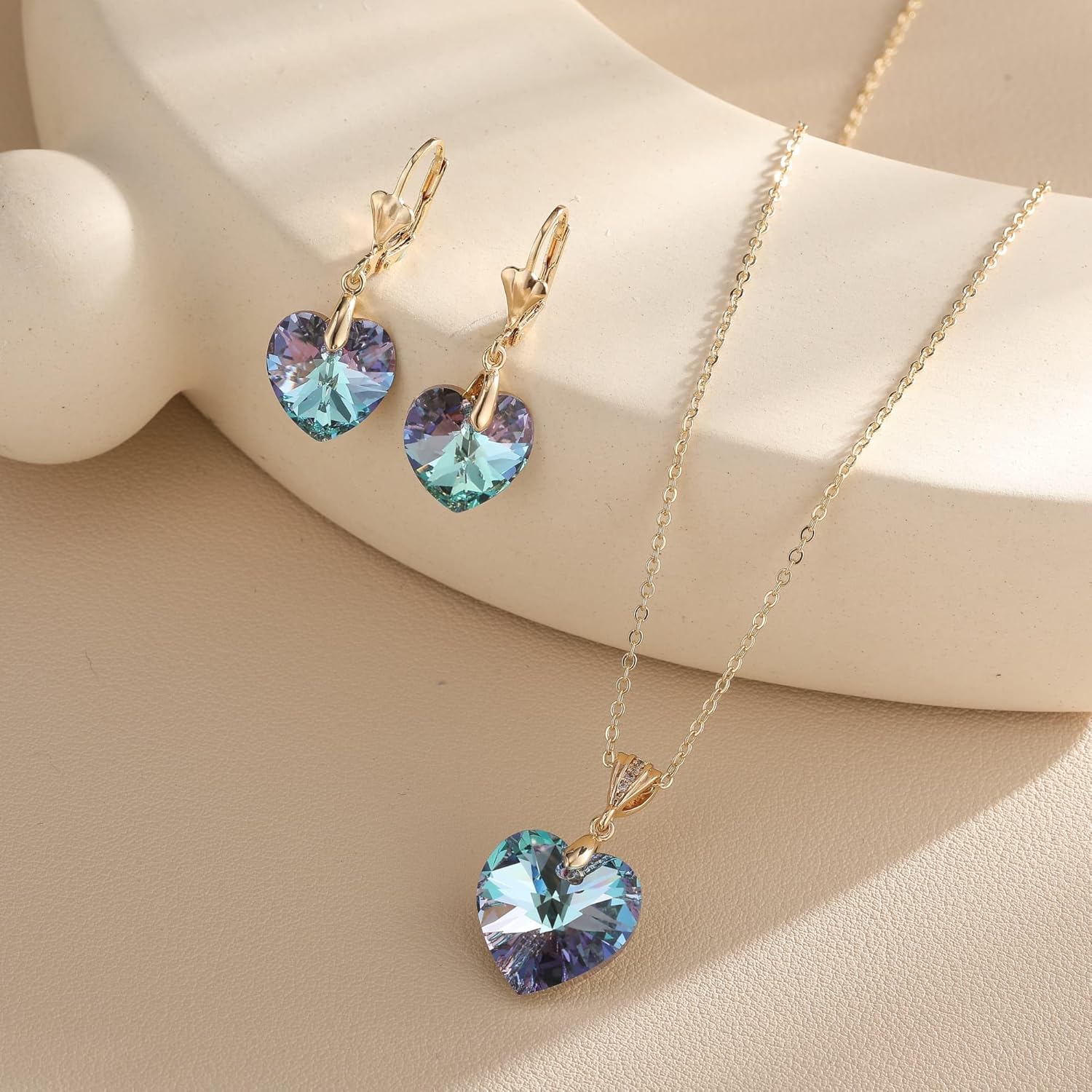 EVEVIC Austrian Crystals Heart Pendant Necklace Earrings for Women 14K Gold Plated Hypoallergenic Leverback Drop Dangle Earring Jewelry Set - Image 3