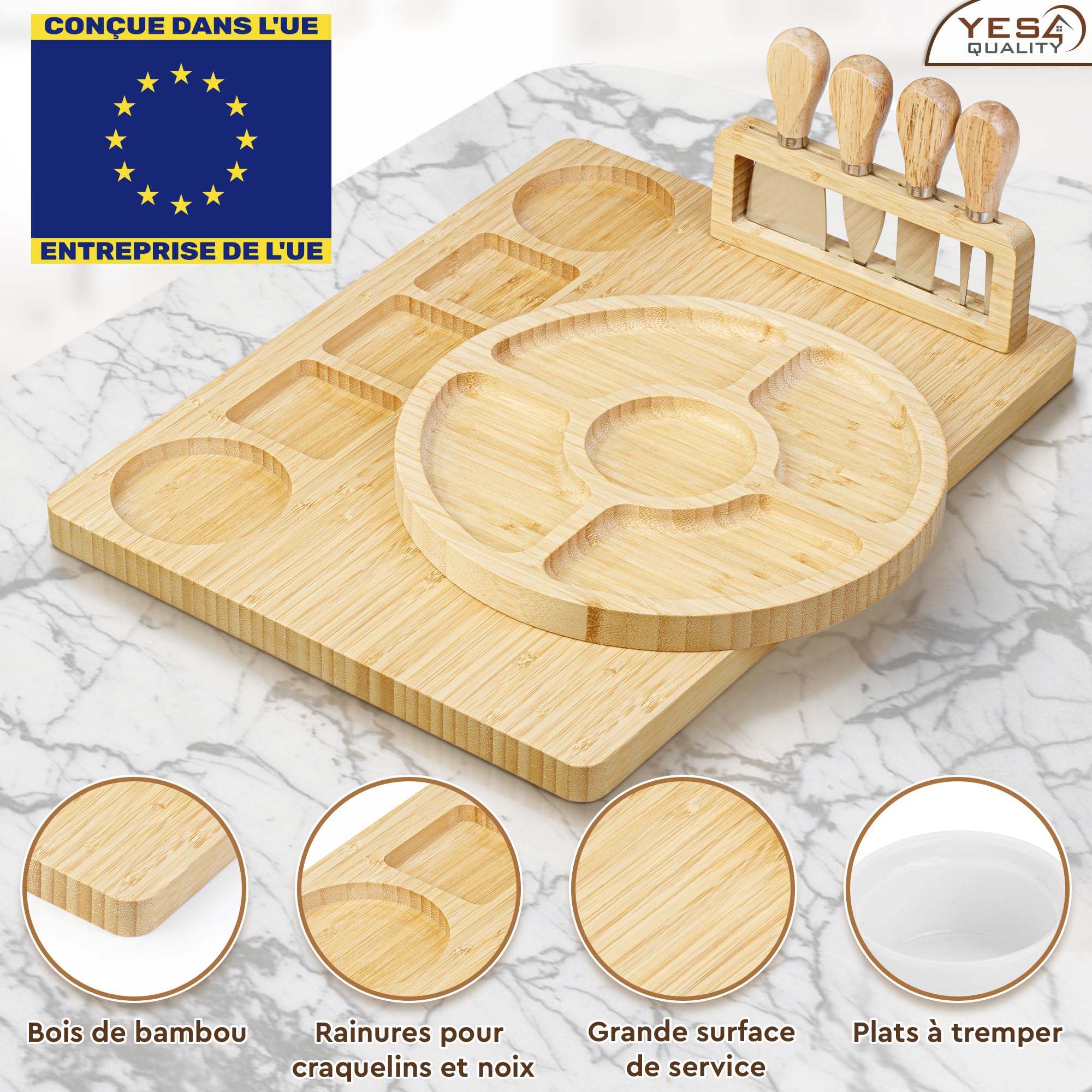 Coffret cadeau de planches à charcuterie de luxe - 15 pièces, bambou - Grande planche à fromage + plateau pour la fête des Mères, un anniversaire, une pendaison de crémaillère, une fête prénuptiale