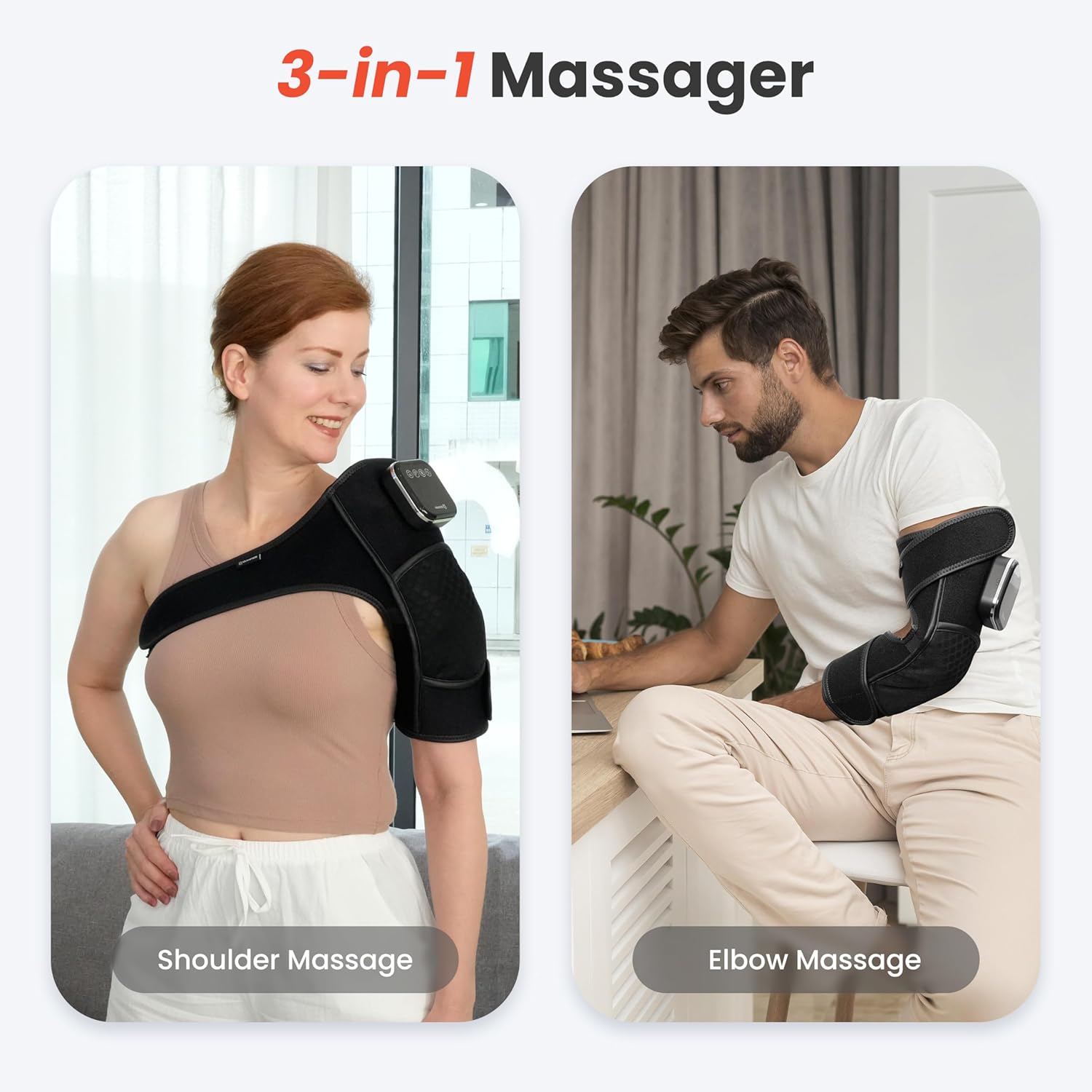 Images showing the COMFIER massager being used on a shoulder and an elbow.
