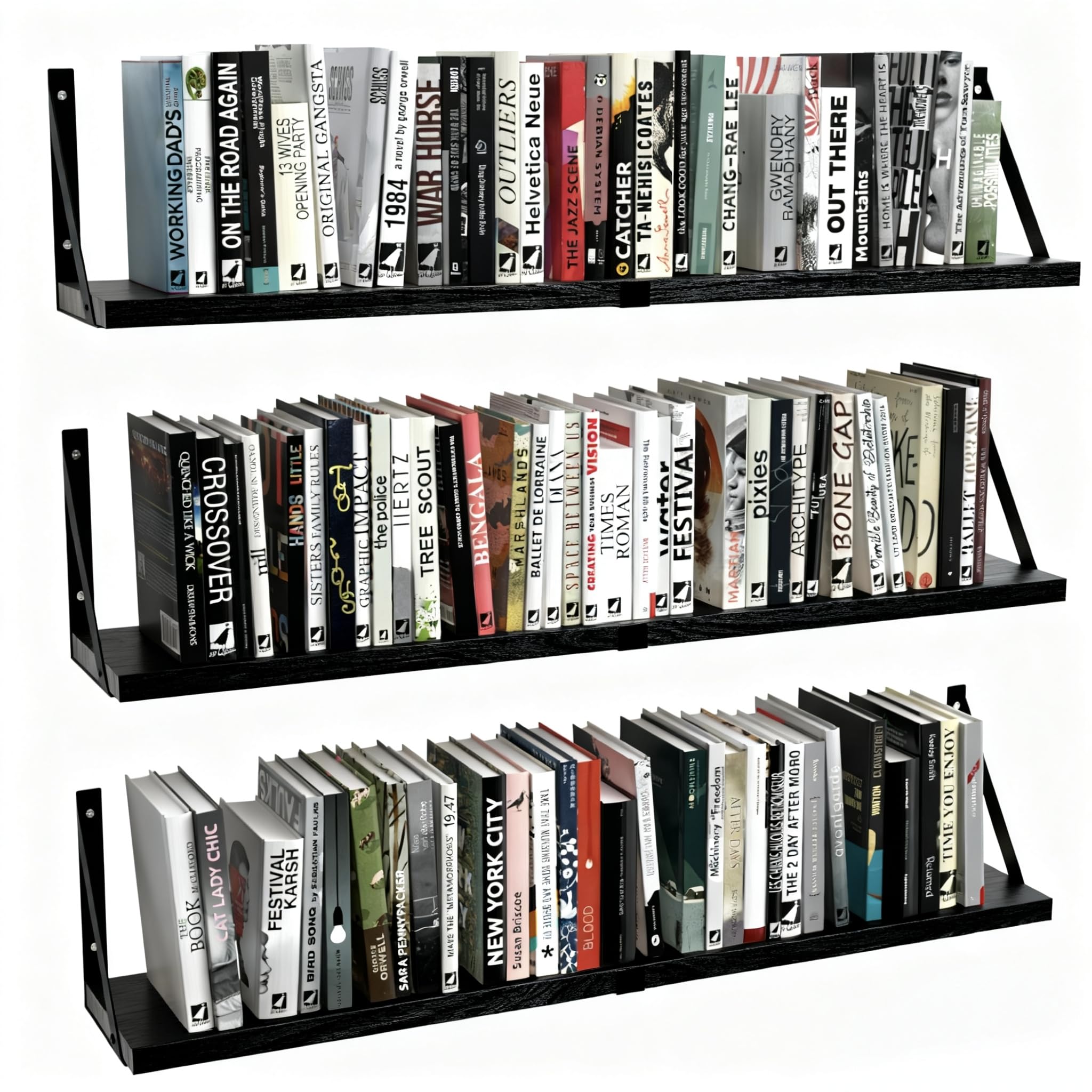 Floating Book Shelves Set of 3, Wall Bookshelf, 33 inch Long Wood Shelf for Wall Storage, Hanging Shelving for Bedroom, Bathroom, Living Room, Kitchen