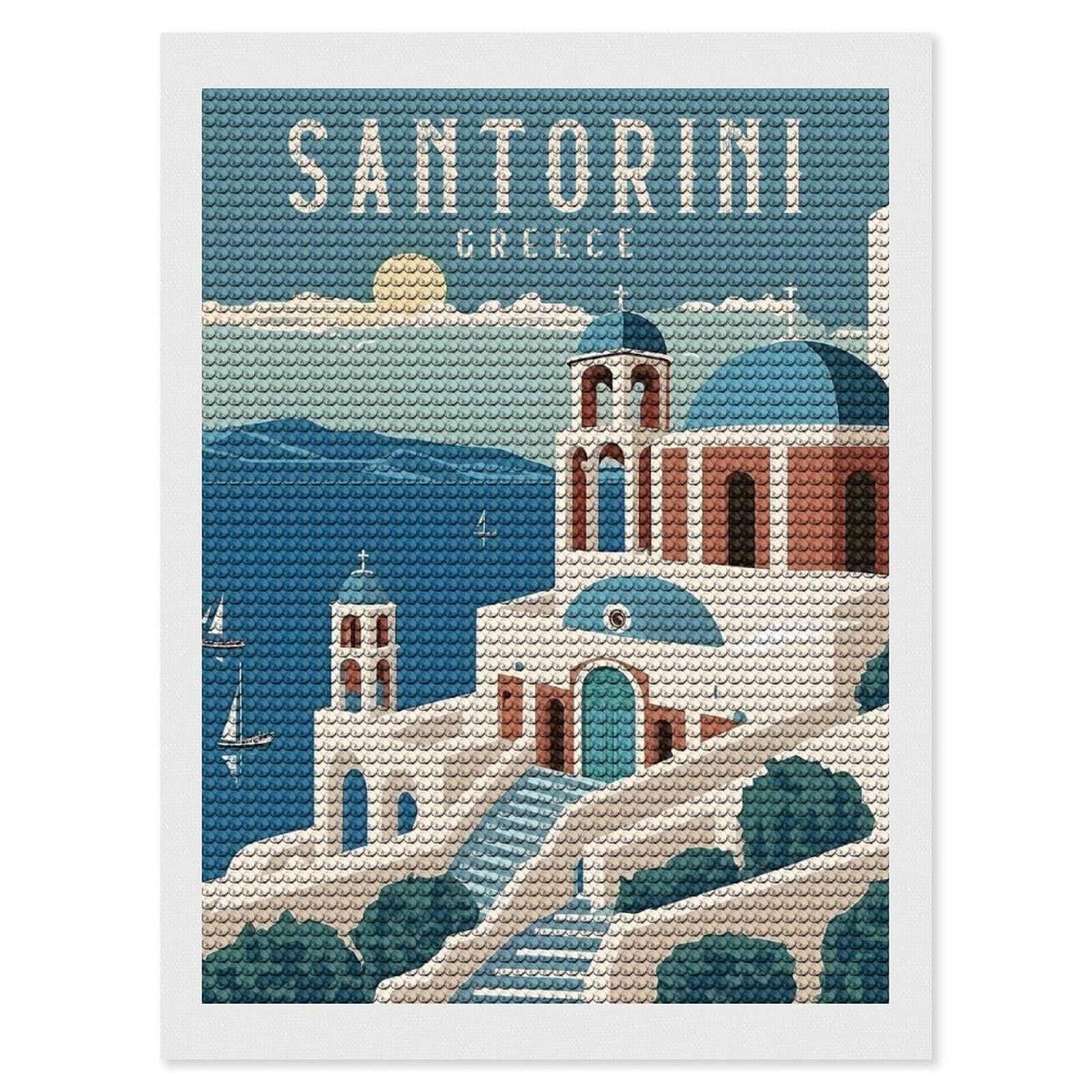 Junmoney Santorini Greece Travel(3) Diamond Art Canvas 12"x16", for Teens, Nice Detail and Sparkle, Farmhouse Decor, Festive Craft Gift, Easy to Enjoy