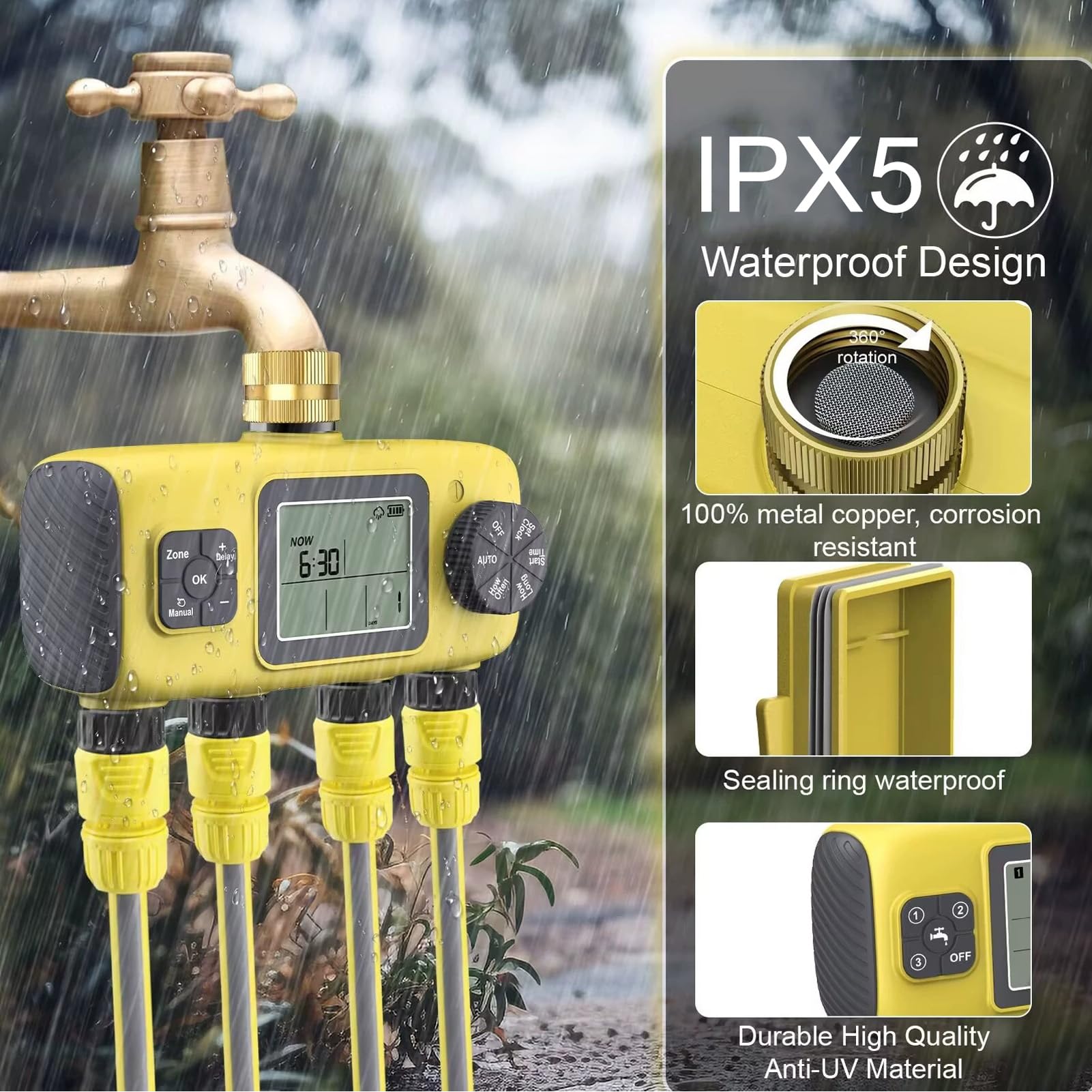 Timer di Irrigazione, Timer D'acqua Programmabile indipendentes a 4 Zone per Tubo da Giardino,Timer del Rubinetto del Tubo di Ingresso in Ottone da 3/4Pollici con Ritardo di