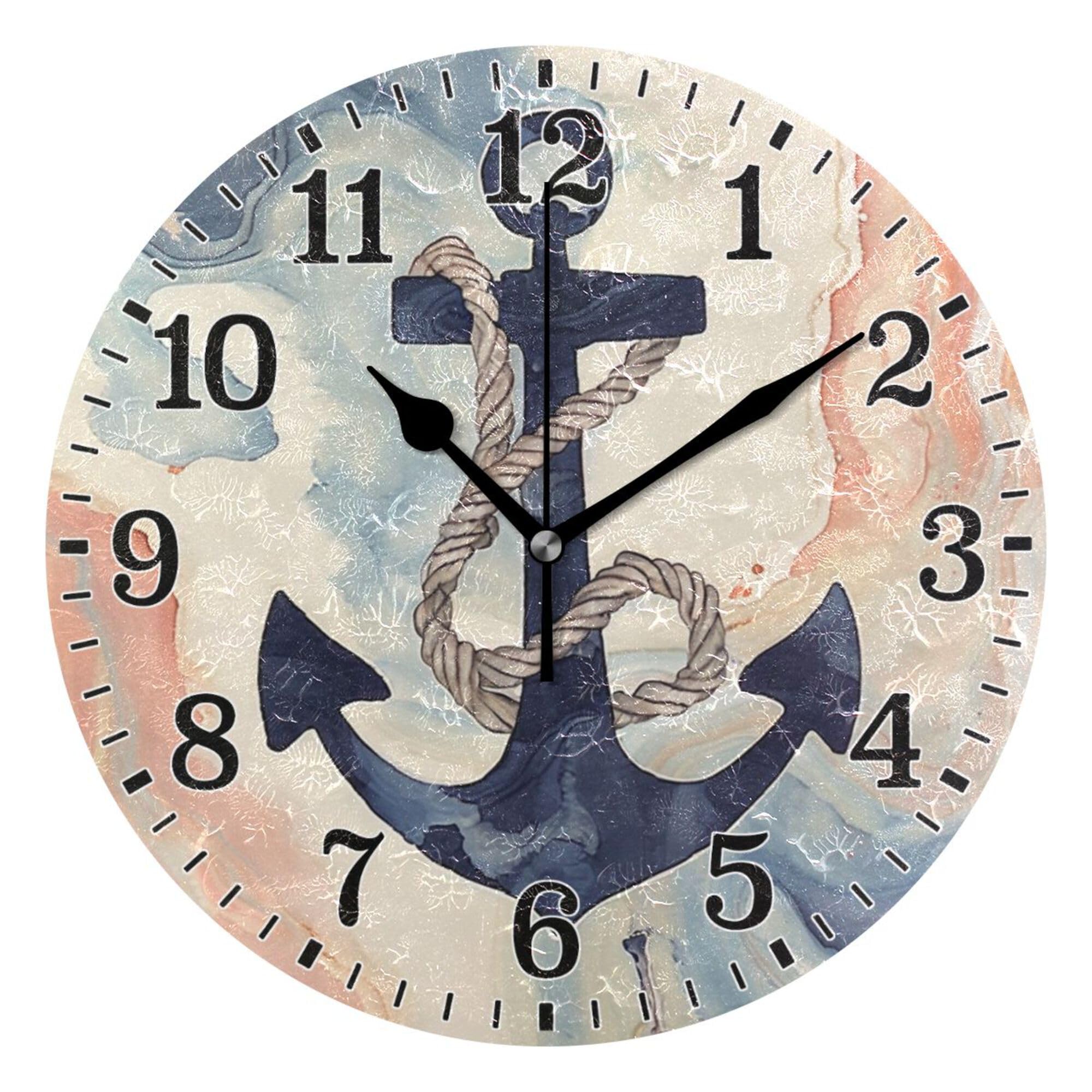 JUNZAN Navy Ocean with Rope on Marble Round Bathroom Clocks Wallclocks 10 Inch Light Clock for Bathroom for Modern Farmhouse Decor Living Room