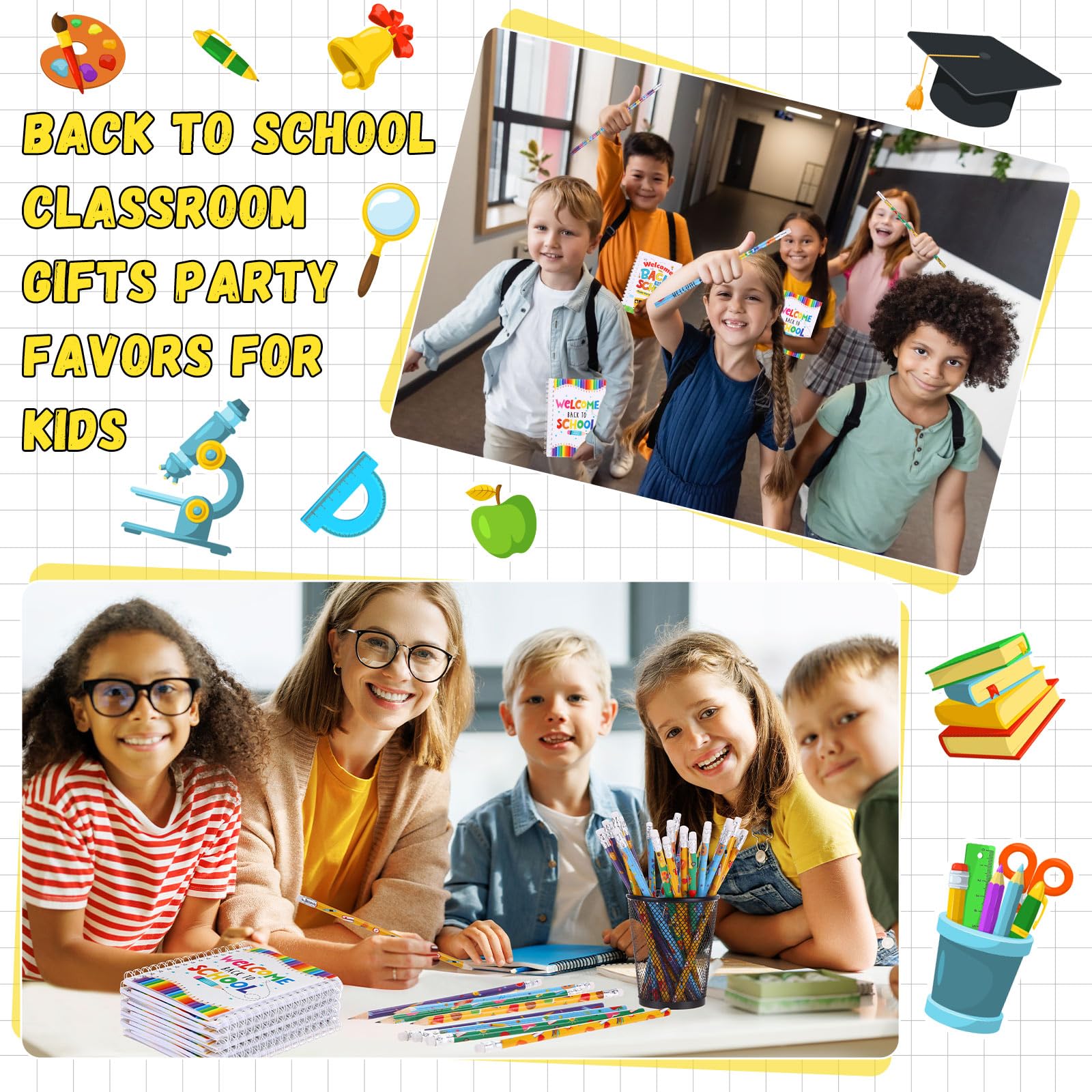 Crtiin Ensemble cadeau de 48 pièces pour la rentrée scolaire des enfants, carnets, crayons de bienvenue à l'école avec petit bloc-notes à spirale, fournitures de fête, décorations, cadeaux,