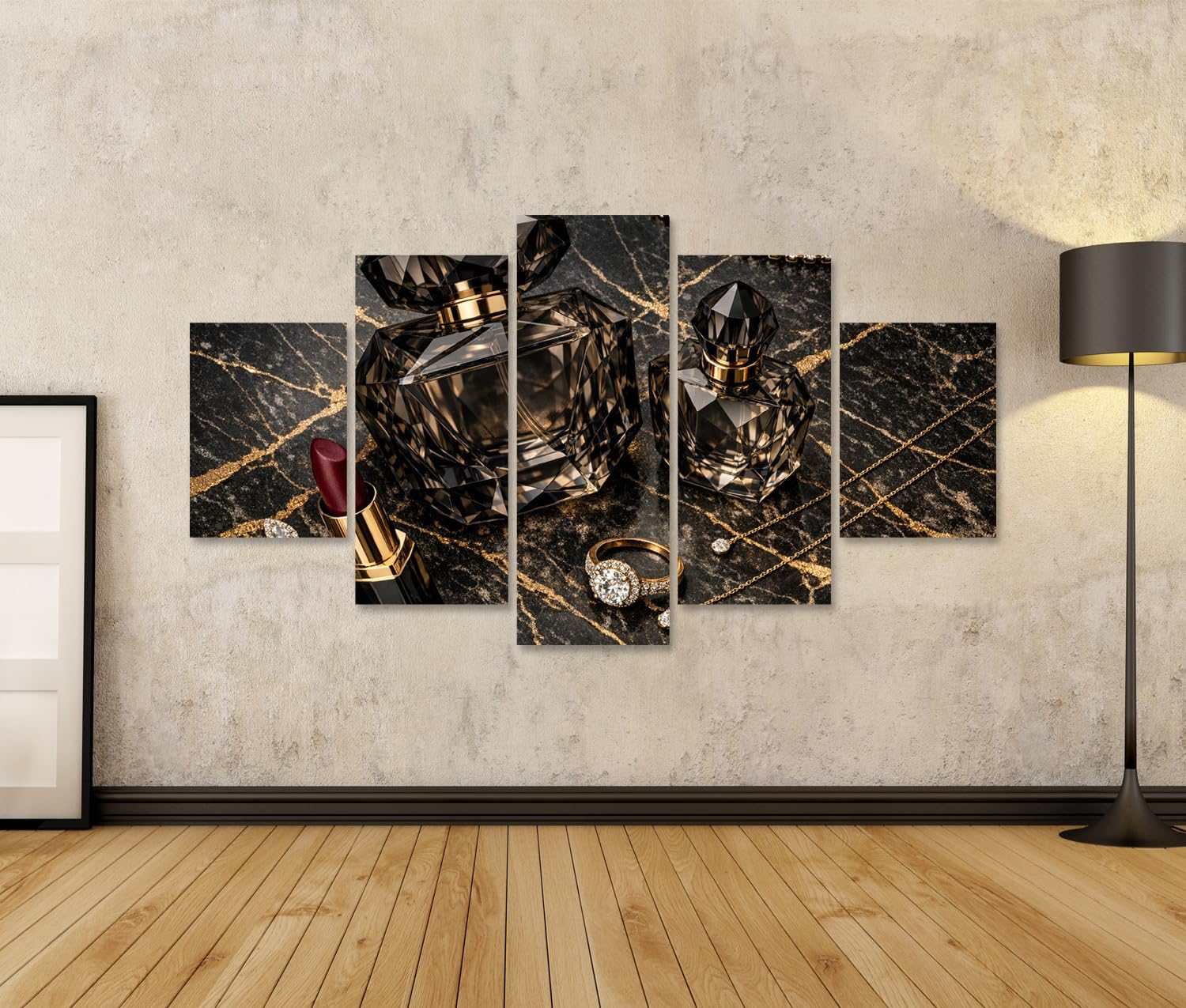 islandburner Bild auf Leinwand Elegantes Parfümset mit Schmuck und Lippenstift auf Marmor - 5-teilig