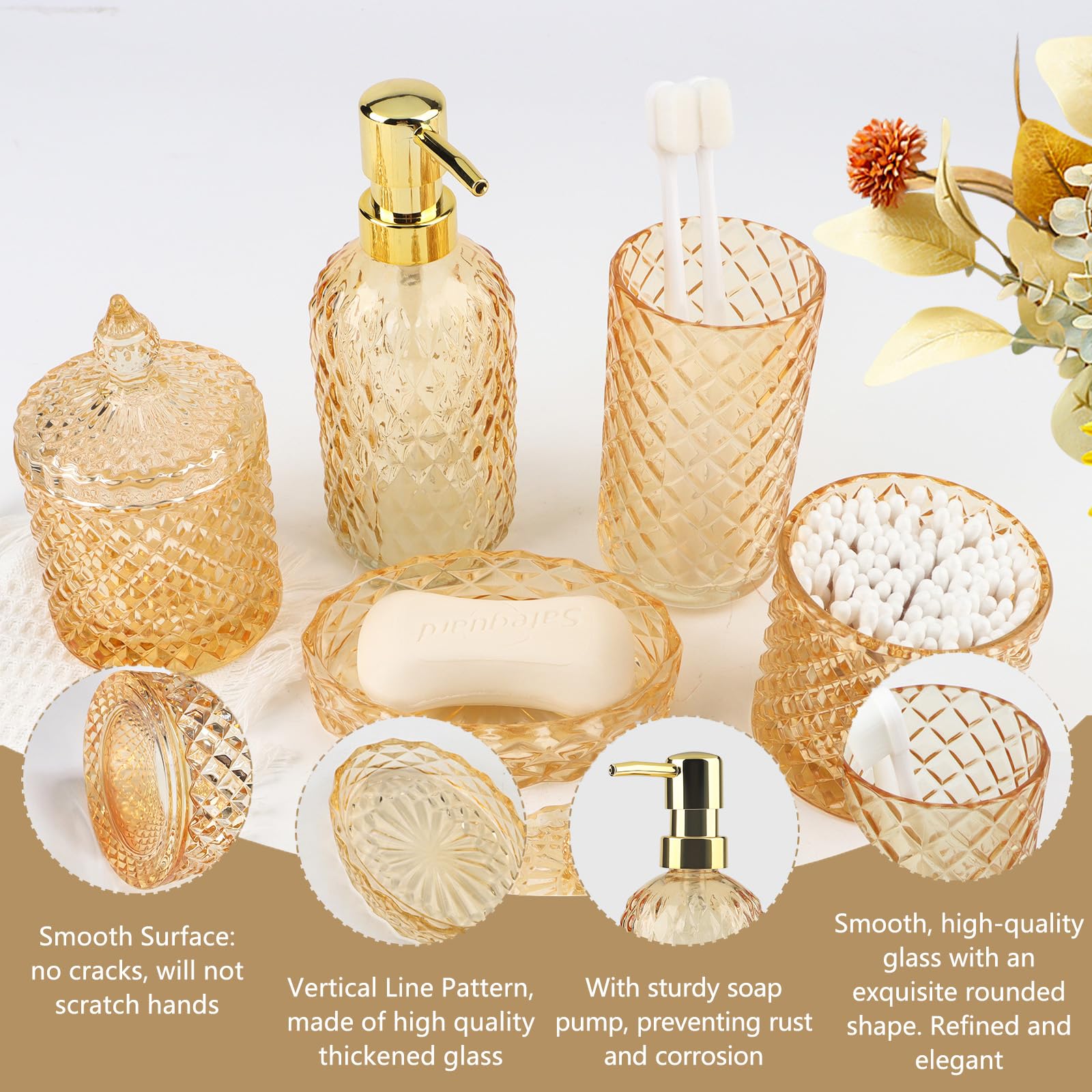 Set di 5 accessori da bagno in vetro dorato, dispenser di sapone con portasapone, portaspazzolino, contenitore di cotone, bicchiere, decorazione moderna per il bagno