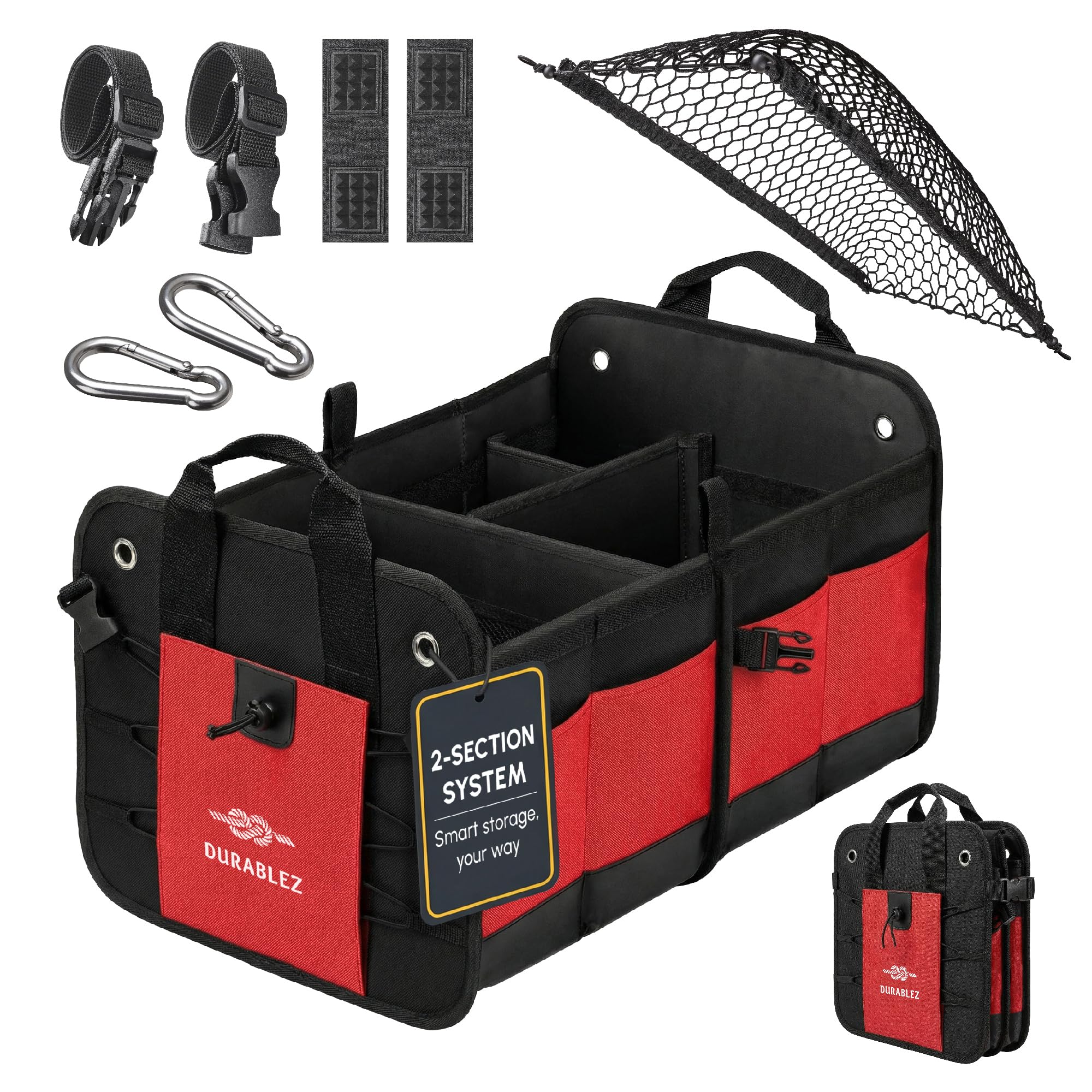 DURABLEZ 2-Section Foldable Trunk Organizer – Compact Car Storage for Groceries, Kids Items, Travel Gear – Dual-Compartment Cargo Bin with Cover Net –