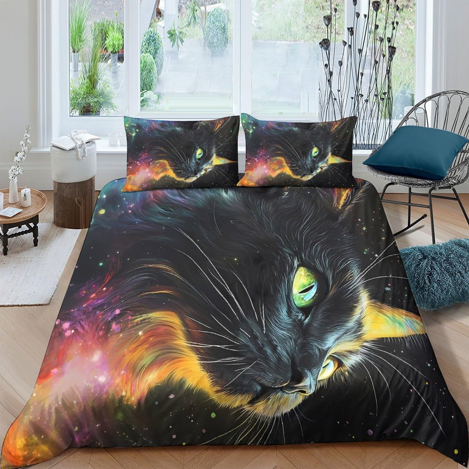 Ctjqhvkz Style-10 3D Printed Black Cat Fitted Sheet Microfiber Soft Breathable Galaxy Starry Sky Mattress Cover Bedroom Decor Single（135X200cm）