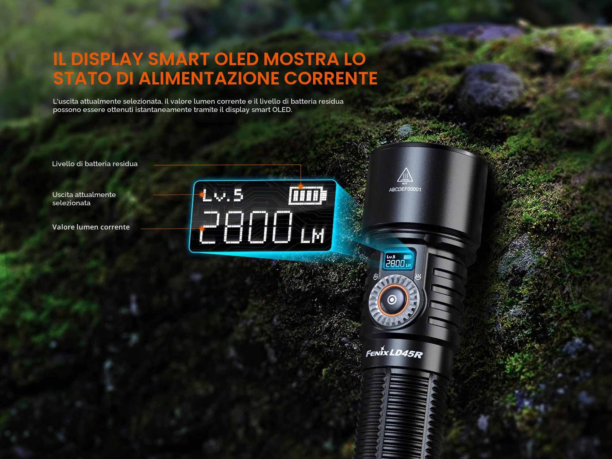 FENIX LD45R - Torcia elettrica ricaricabile per lavoro e esterni, 2800 lumen, 480 m, 65 ore massime, sistema avanzato di messa a fuoco elettronica con controllo della messa a fuoco rotante, schermo