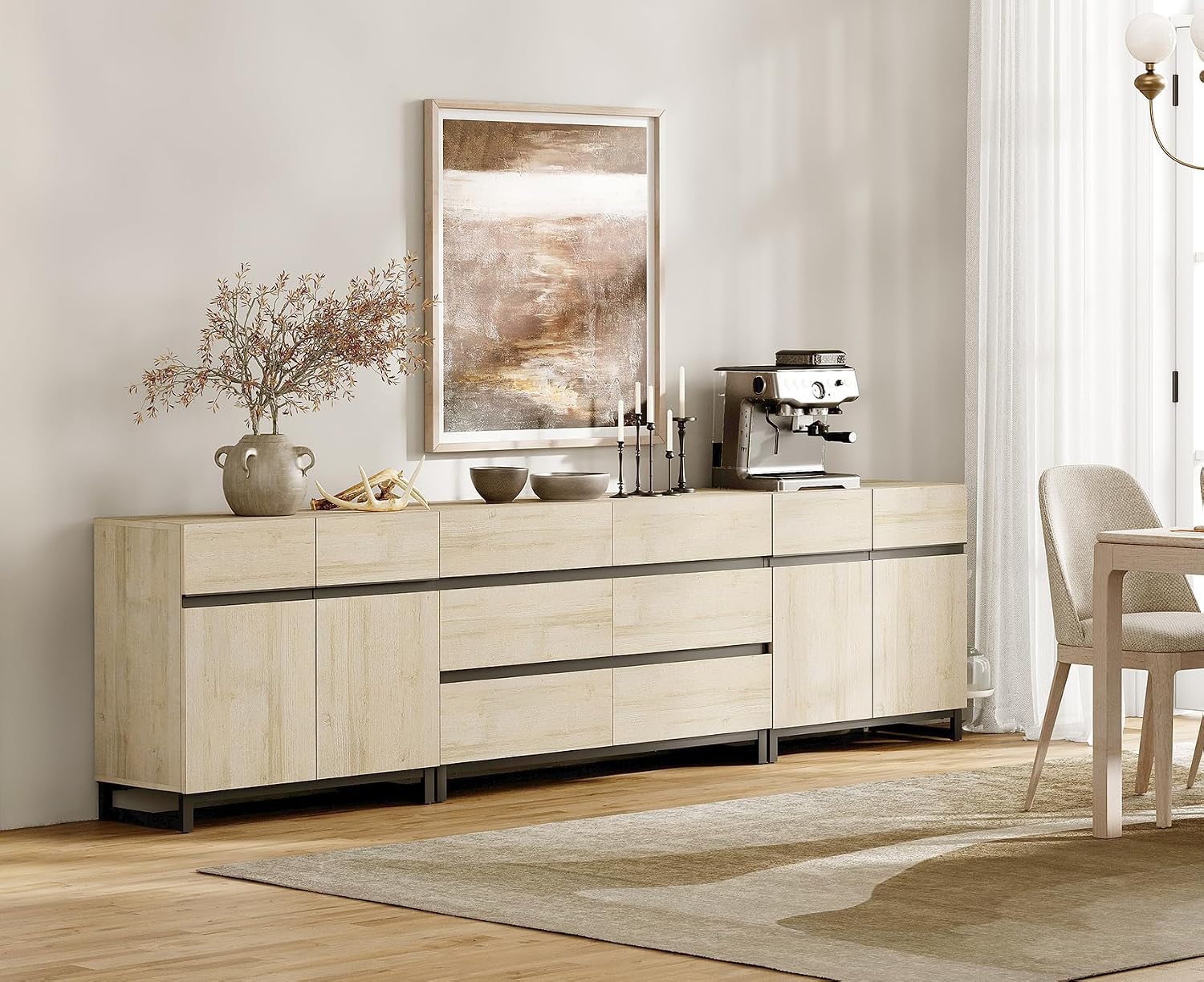 WAMPAT 3 in 1 Modern Sideboard with Adjustable Shelves and 3 Drawers, Coffee Bar Cabinet for Living Room, Kitchen, Brown
