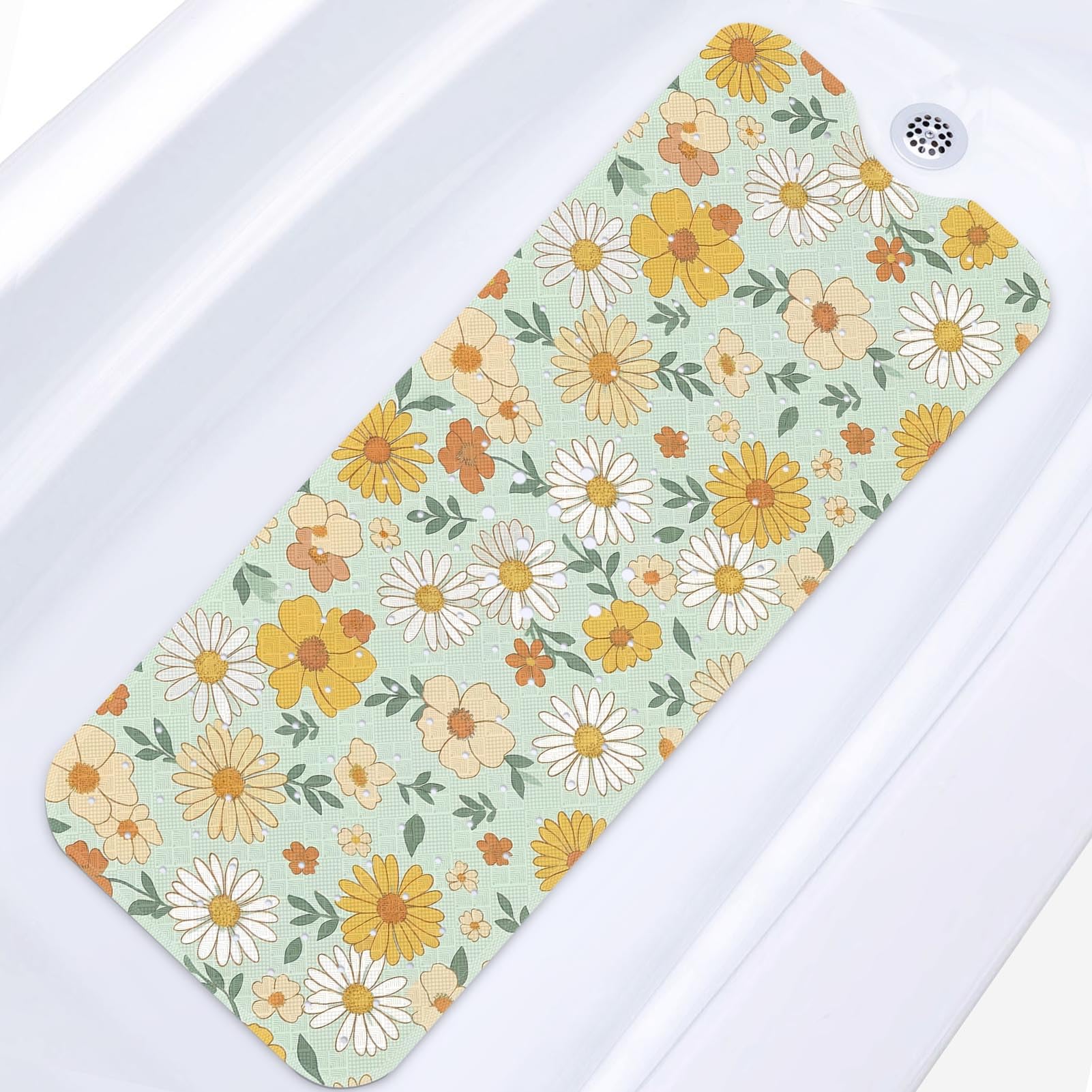 Culudea Bathtub Shower Mat 40X16 Inch, Non-Slip, for Toddler, Floral Boho