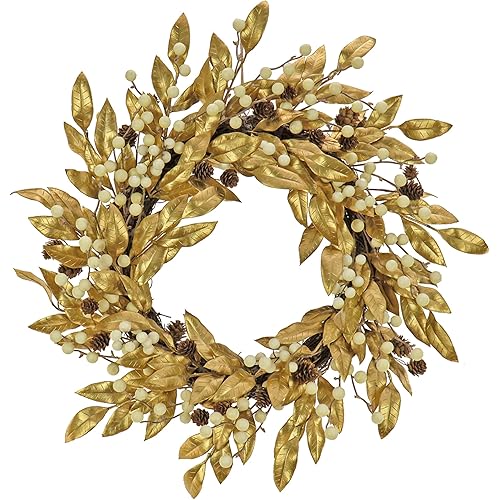 HGTV Home Collection Unlit Artificial Christmas Wreath, Metallic Gold Laurel Leaves, Woven Branch Ring Base, Unlit, 24 Inches