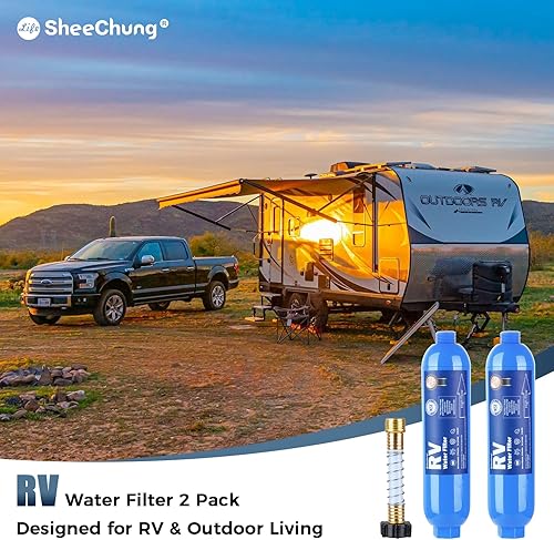 Miniatura 8 de SheeChung Paquete de 2 filtros de agua para autocaravana con protector de manguera flexible, certificado NSF, filtro de agua de manguera en línea