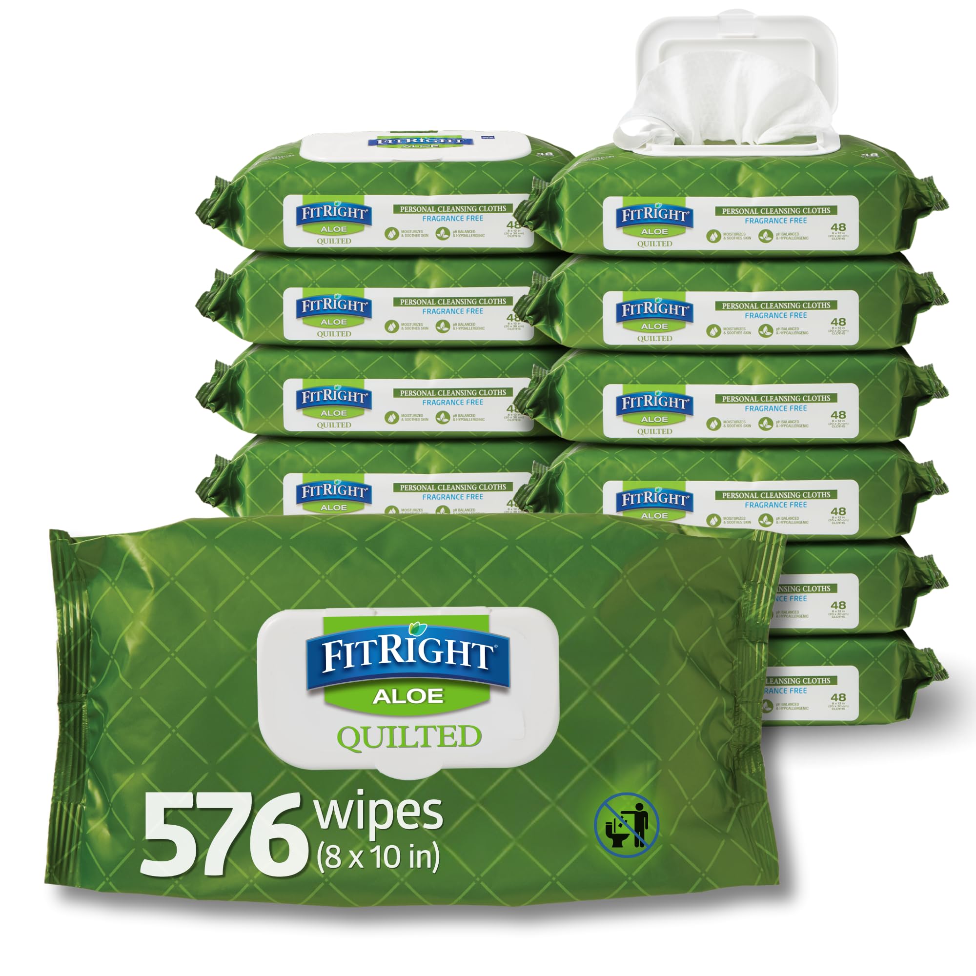 FitRight Aloe Quilted Heavyweight Personal Cleansing Cloth Wipes, Unscented, 576 Count, 8 x 12 inch Adult Large Incontinence Wipes