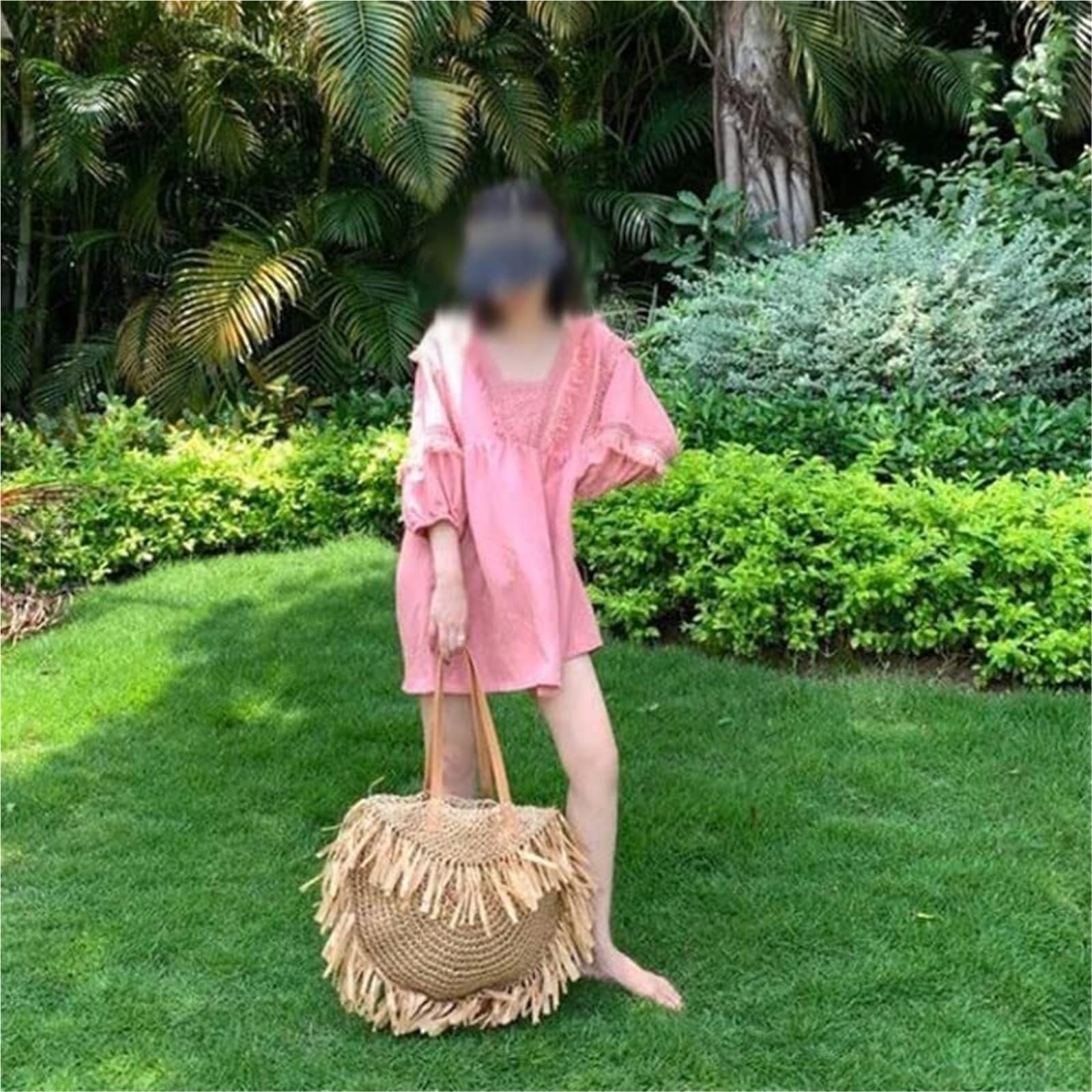 Bolso de Paja Bolso semicircular con borlas, Bolso Tejido de Paja para Mujer, Bolsos Hombro ratán Papel Pinchos, Informales Grandes, Playa Verano Mujer(Blue,Pink,Black)