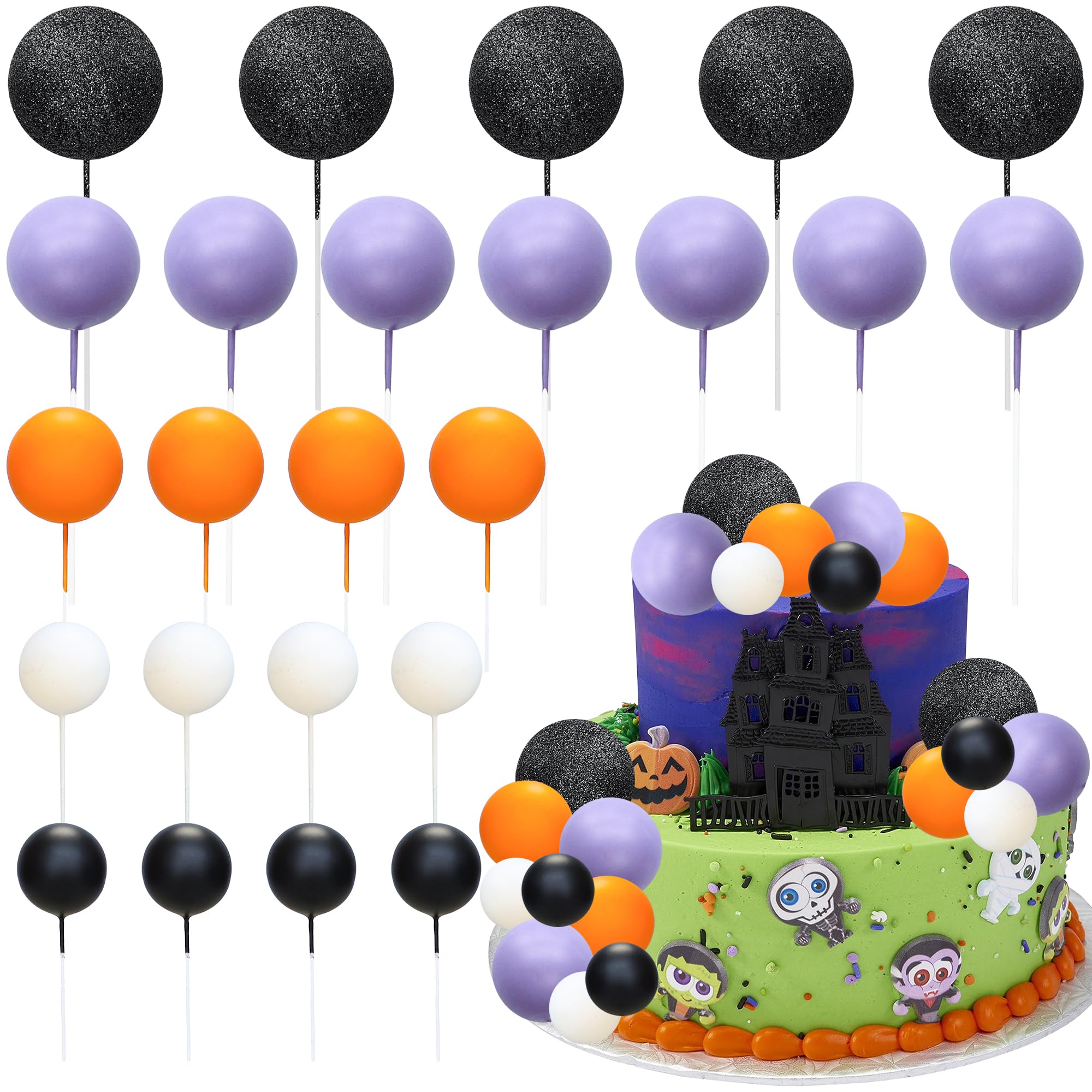 Gyufise 50Pcs Ball Cake Topper Sticks Mini Balloons Cake Decoration Foam Balls Cake Toppers for Halloween Theme Baby Shower Birthday Party Supplies Purple Black Orange