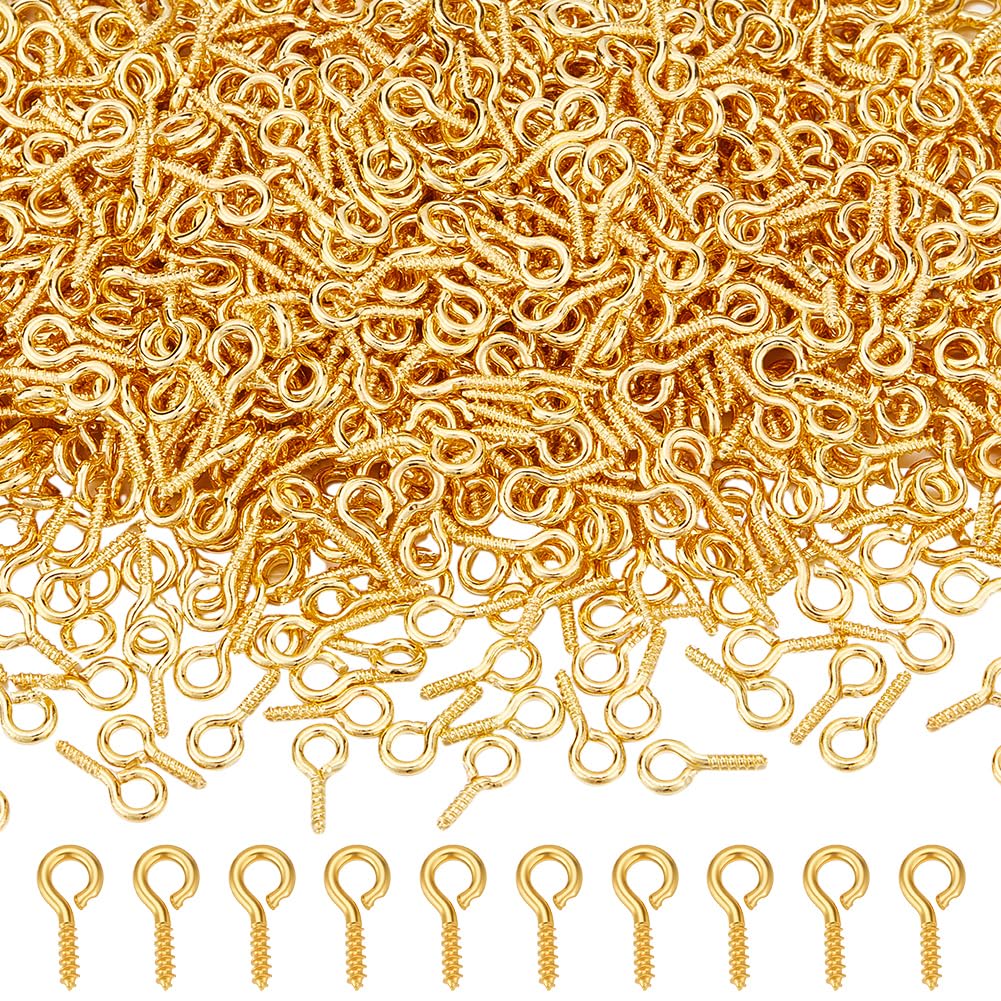 CRAFTYMELODY 1000Pcs Small Screw Eye Pin Peg Bails Cup Pearl Peg Bails Golden Eyelet Hooks Iron Eye Screws Connectors for Jewelry Making Adult DIY Half Drilled Beads Craft 0.4×0.2inch