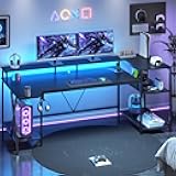 SEDETA Gaming Desk 70.8'' with LED Lights and Storage Shelves, Computer Desk with Monitor Stand, Power Outlets and Cup Holder, Large PC Gamer Desk, Gaming Table for Bedroom, Living Room, Black